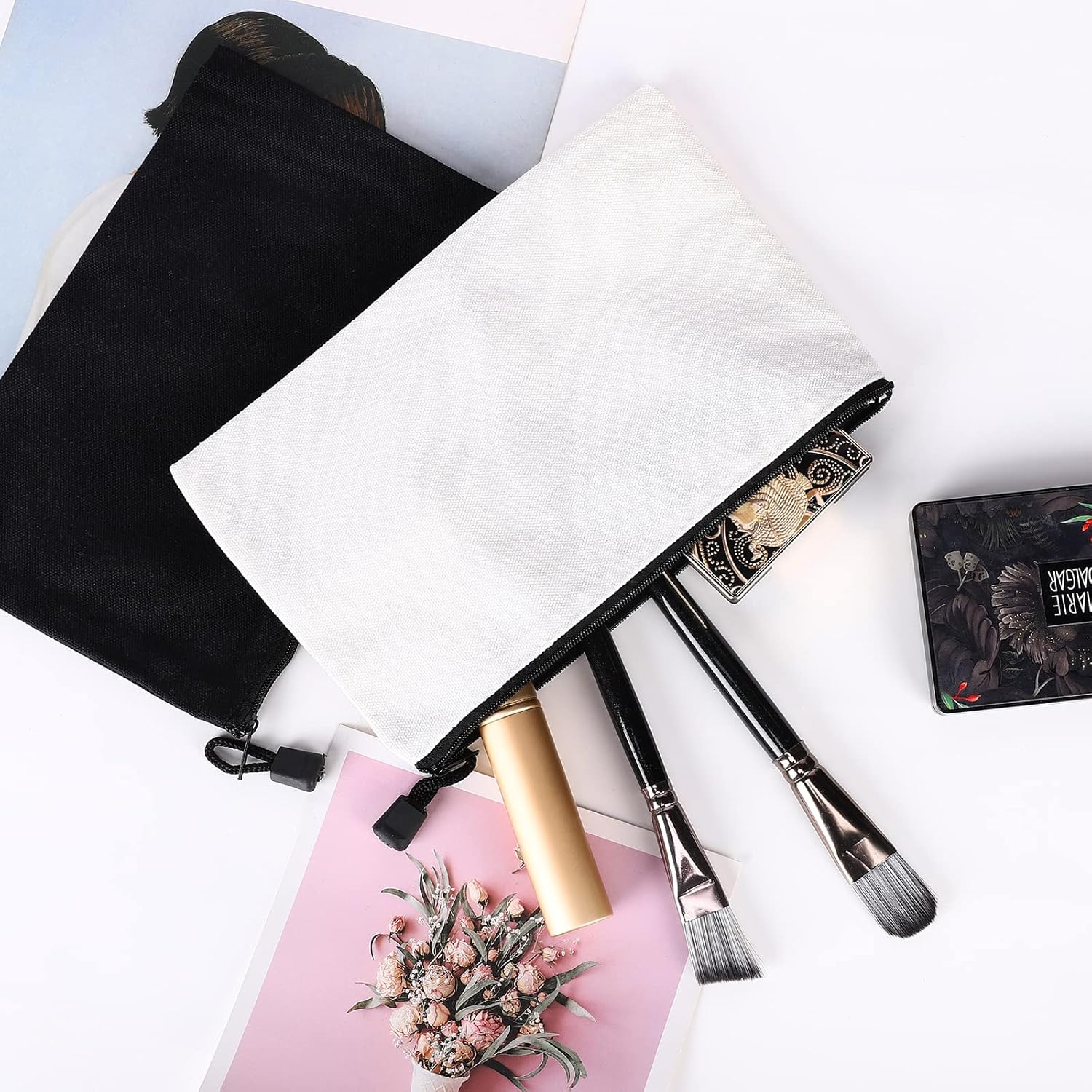 12 Pack DIY Craft Cotton Canvas Bag, Multi-Purpose Cosmetic Bag Makeup Pouches with Zipper Travel Toiletry Bag (XS, Black) - Image 3