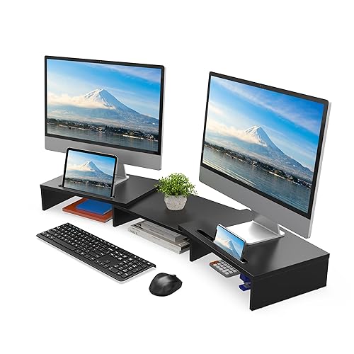 FITUEYES Dual Monitor Stand with 2 Extra Phone Holder, Wood PC Laptop Computer Stands Riser, 3 Shelf Swivel Length Adjustable, Home Office Supplies Desk Organzier, Max Load 25kg, Black - Black