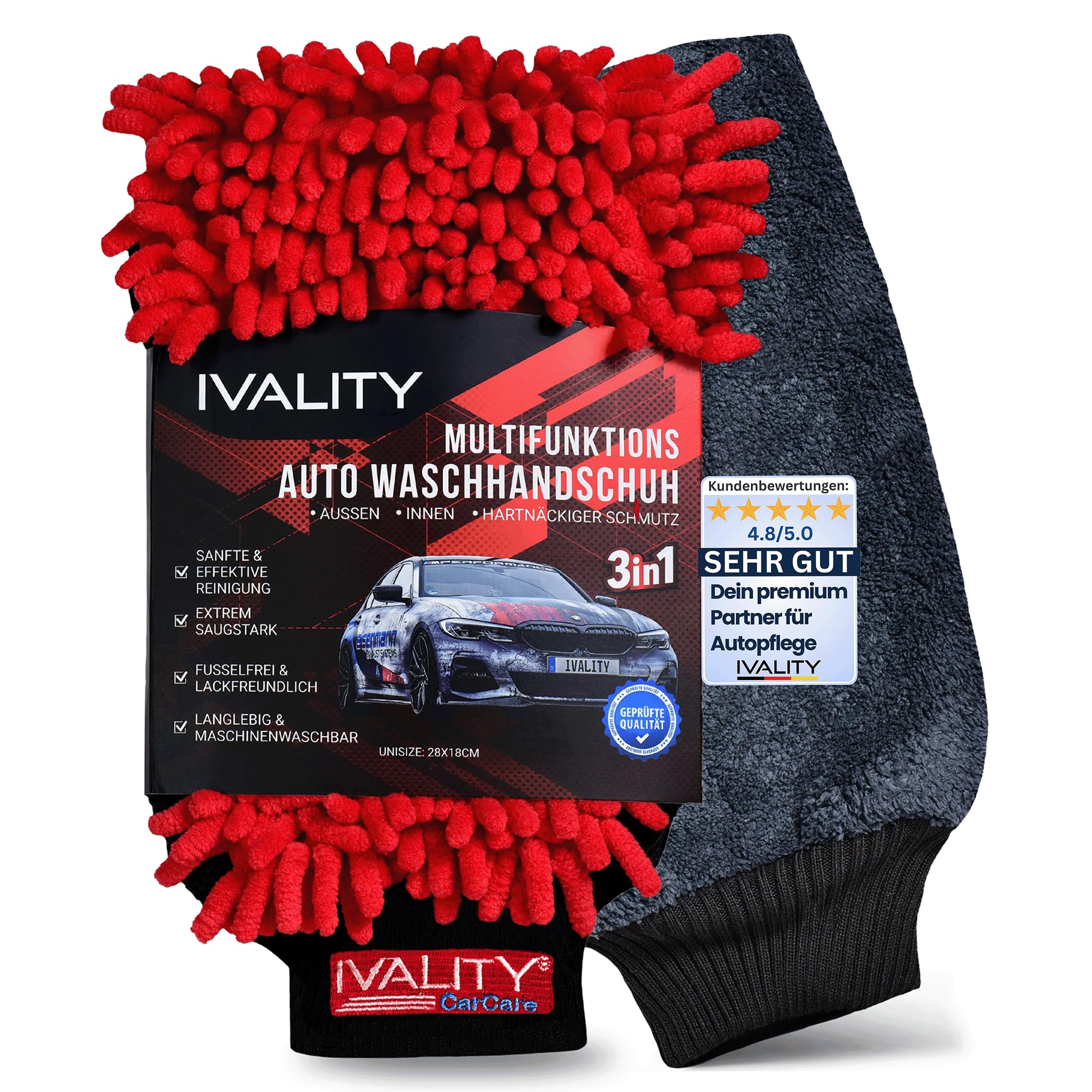Ivality® Premium 3 in1 Auto Waschhandschuh – Mikrofaser Handschuh Lackschonend & Saugstark - Kratzfrei Schwamm Kfz Mit Gummibund Für Auto Waschen , Felgenreiniger & Insekten entferner