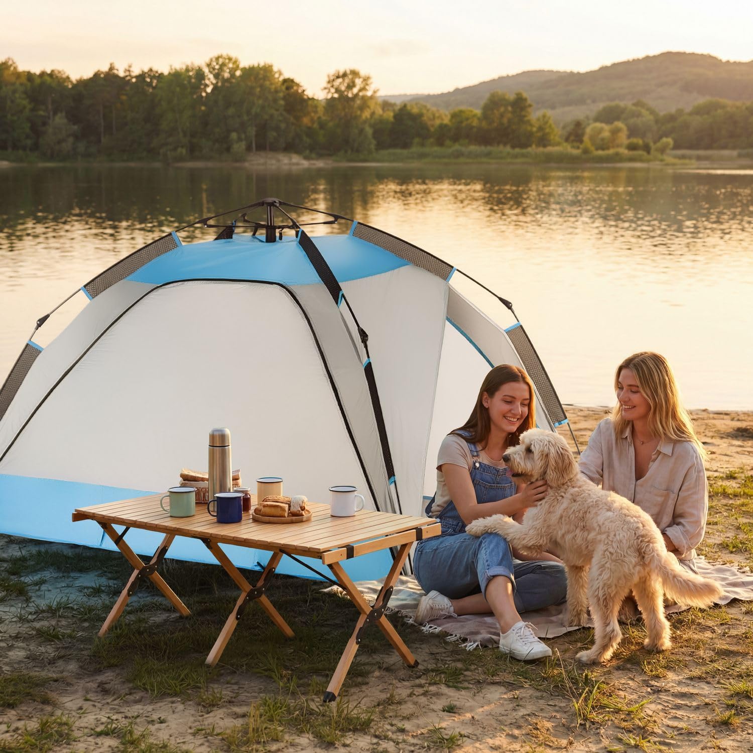 Aéré Tente de Plage, Tente de Plage avec Sac de Transport, avec Poches de Sable, pour Famille Plage, Camping, Jardin, Protection Solaire (Bleu-Gris)