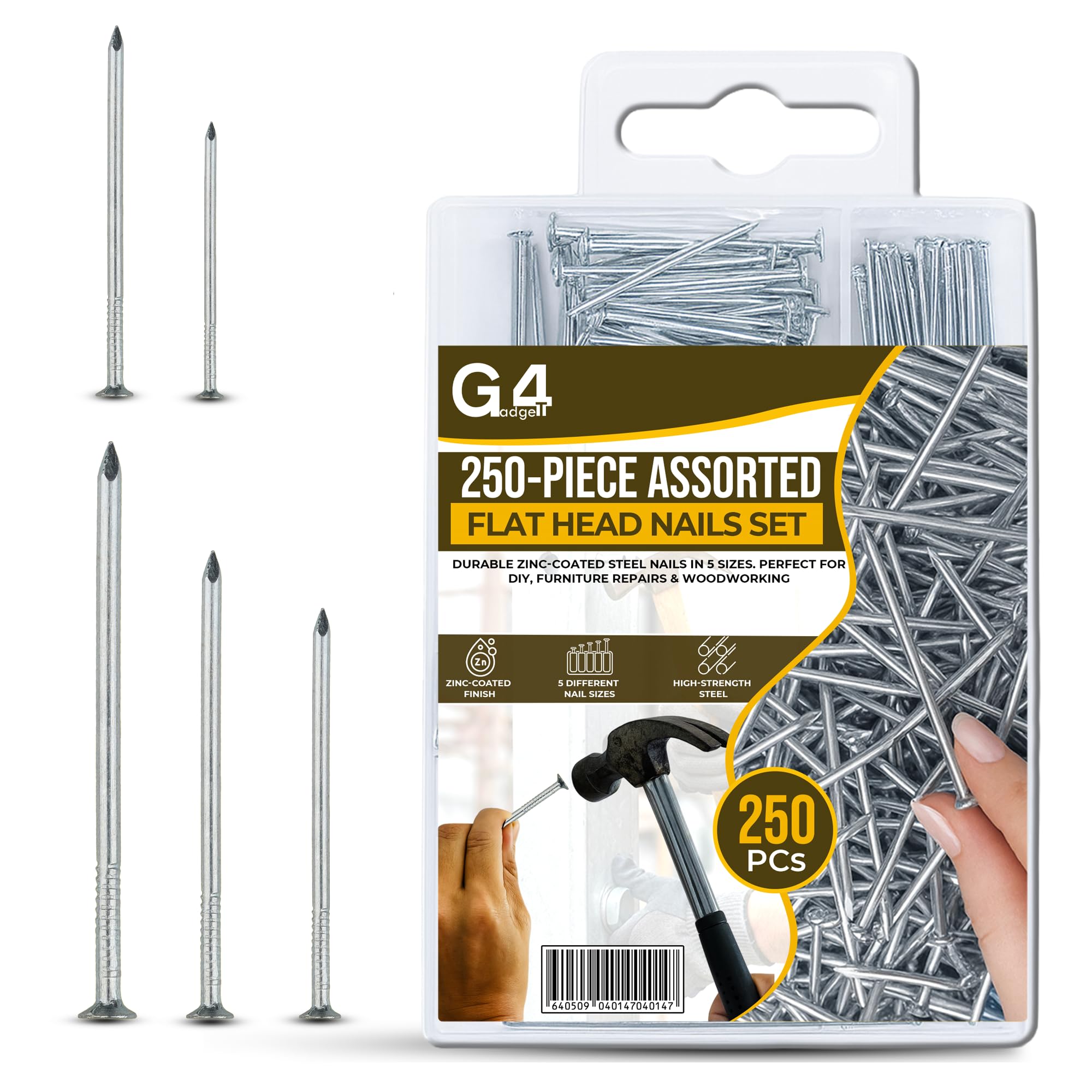 G4GADGET 250-Piece Assorted Flat Head Nails – Premium Zinc Coated, 5 Distinct Sizes for Home Repairs, DIY Projects, Woodworking & Crafts – Includes Organized Storage Box