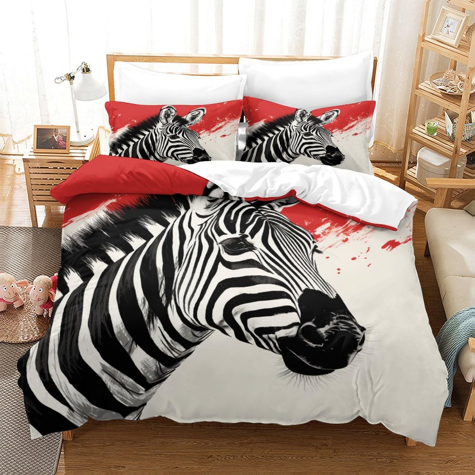 P1S9U7W5Y 3D Printed Zebra Pattern Microfiber 3 Piece Duvet Cover Set Animal Theme Bedding Set for Adults Teens Bedroom Decor Soft Breathable All Seasons King（220x240cm）