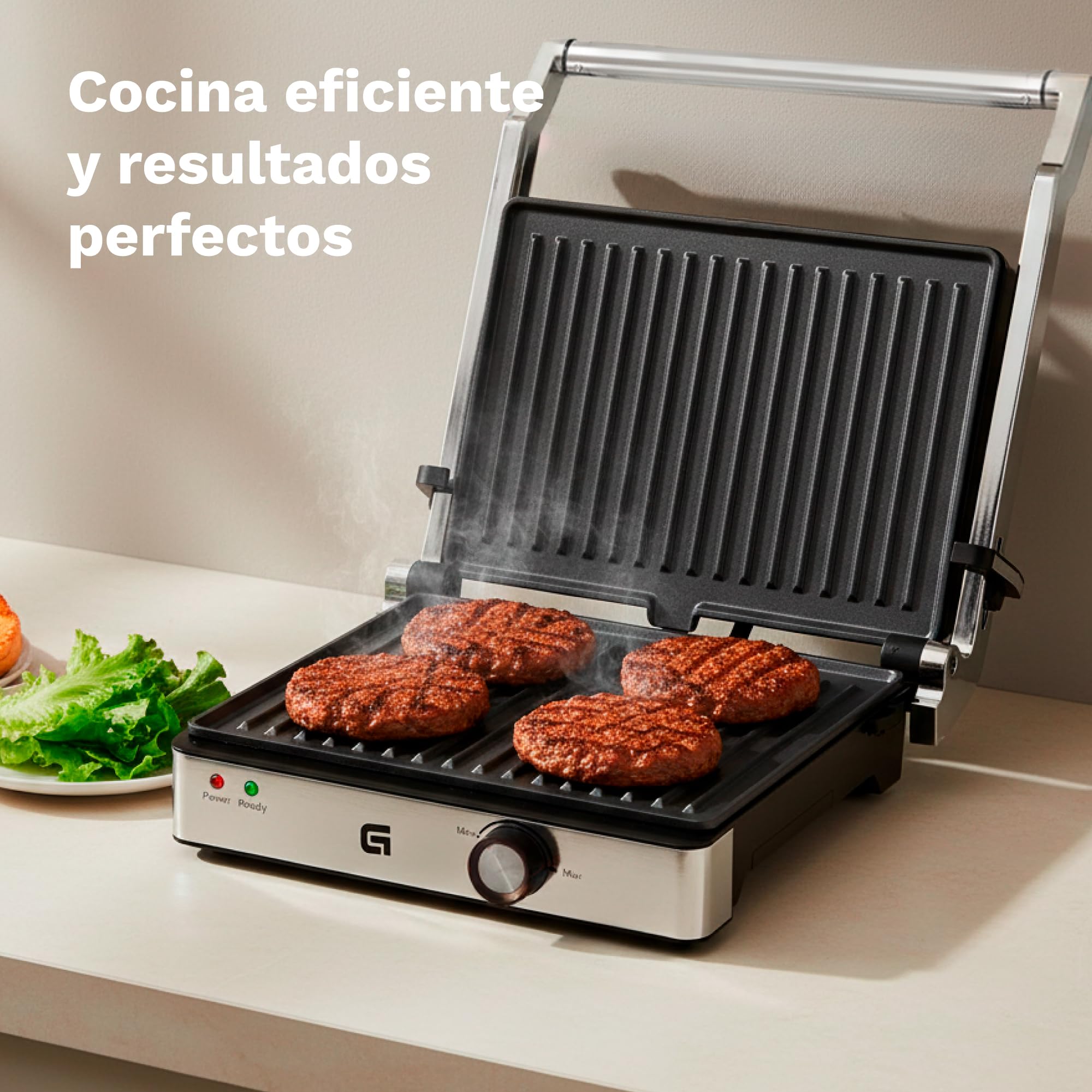 Parrilla grill eléctrica Grunkel 1000-2000W forma parilla barbacoa dos dimensiones, Antiadherente con Apertura 180° (2000W Grande)