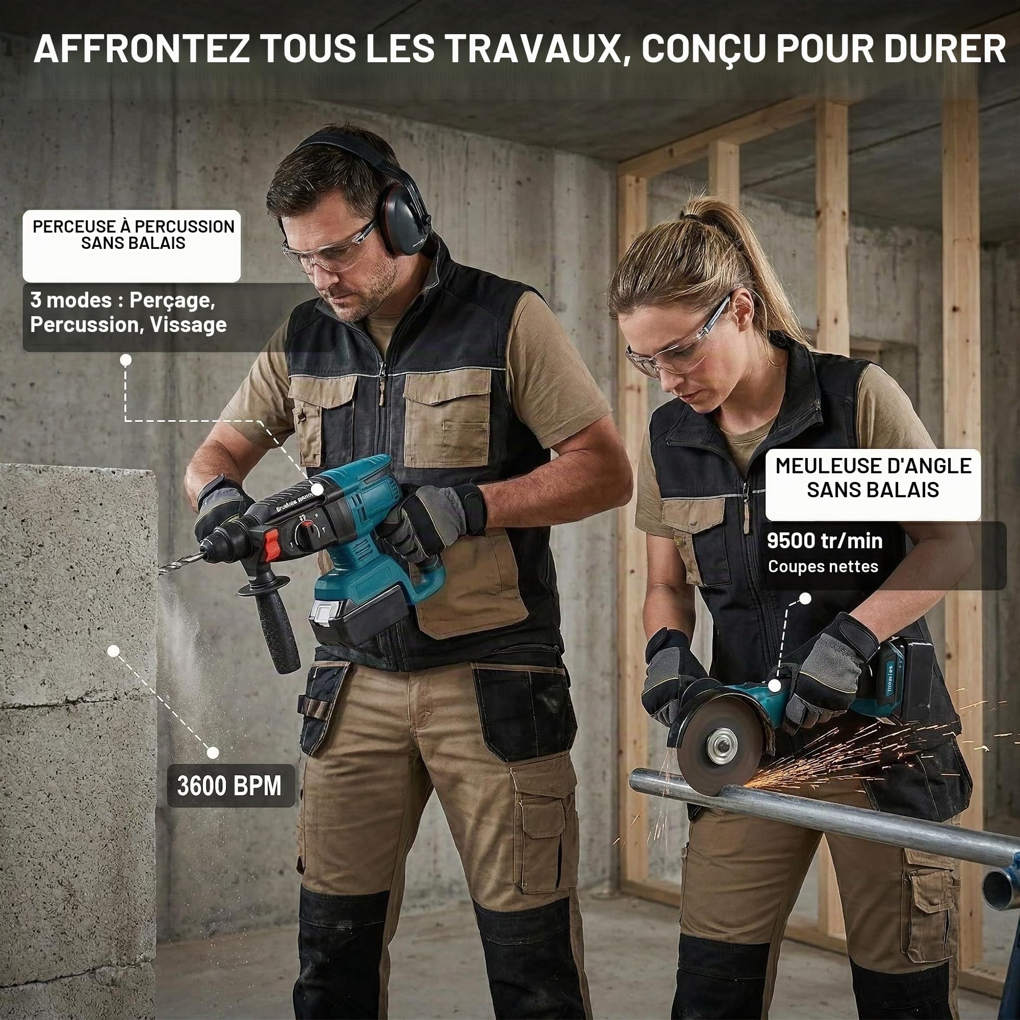 Ensemble d'outils électriques sans balais avec 4 batteries | Kit d'outils sans fil 21 V : perceuse combinée, clé à percussion, meuleuse d'angle et marteau perforateur | Kit d'outils de bricolage pour