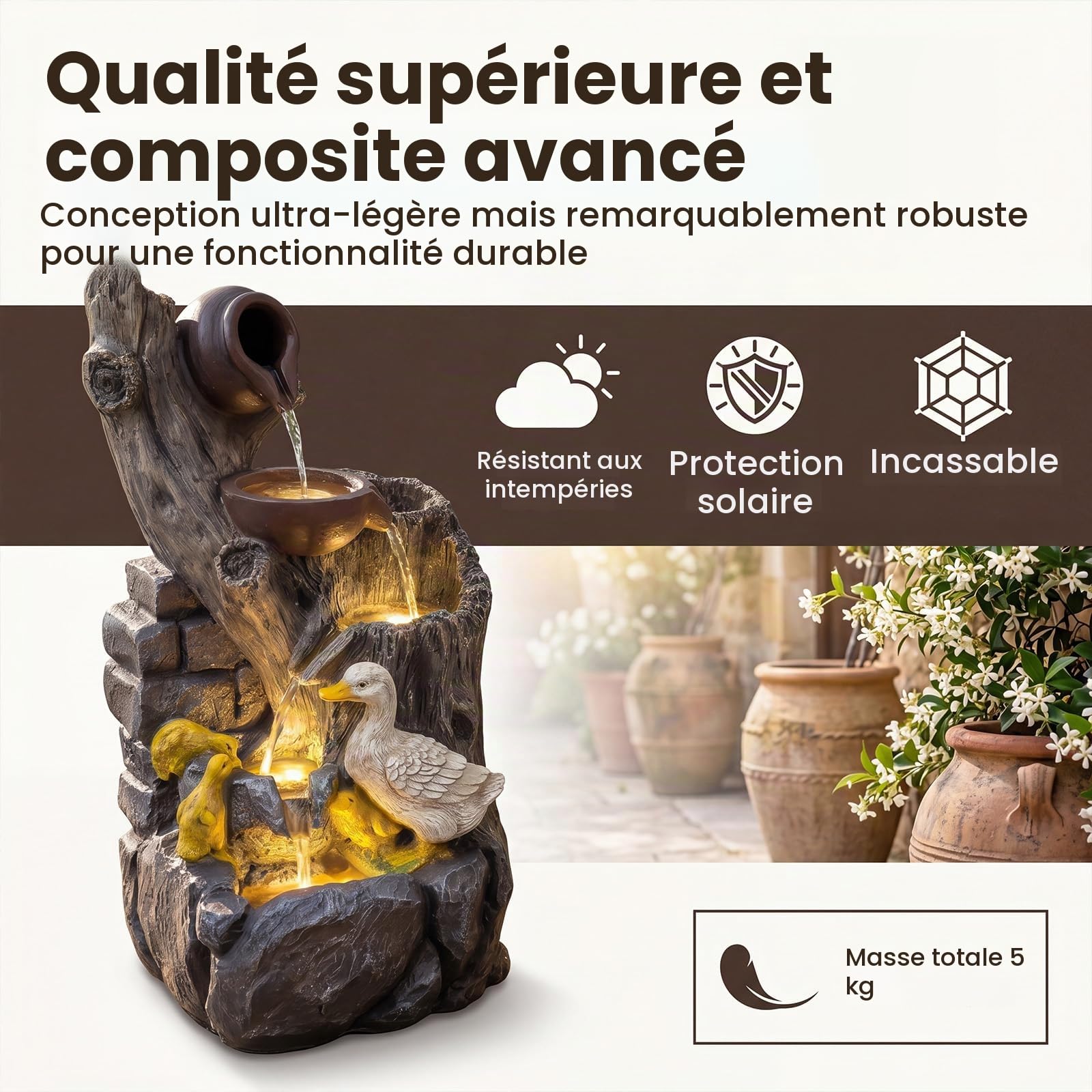 HOMASIS Fontaine de Jardin à 5 Niveaux avec Éclairage LED
