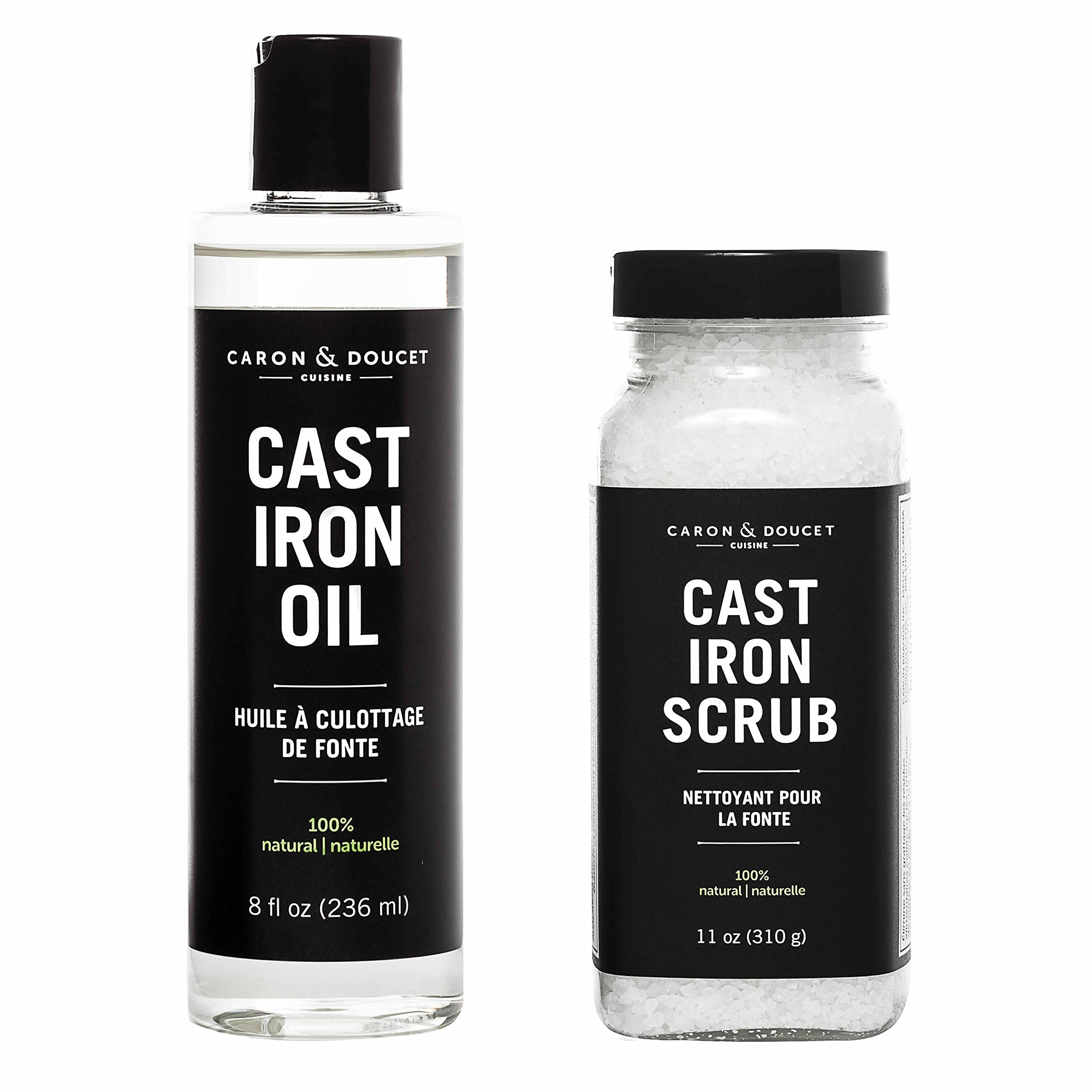 Caron Doucet Cuisine - Cast Iron Care Seasoning Bundle - Cast Iron Oil & Cast Iron Scrub - 100% Plant Based Formulation - Helps Maintain Seasoning on All Cast Iron Cookware.