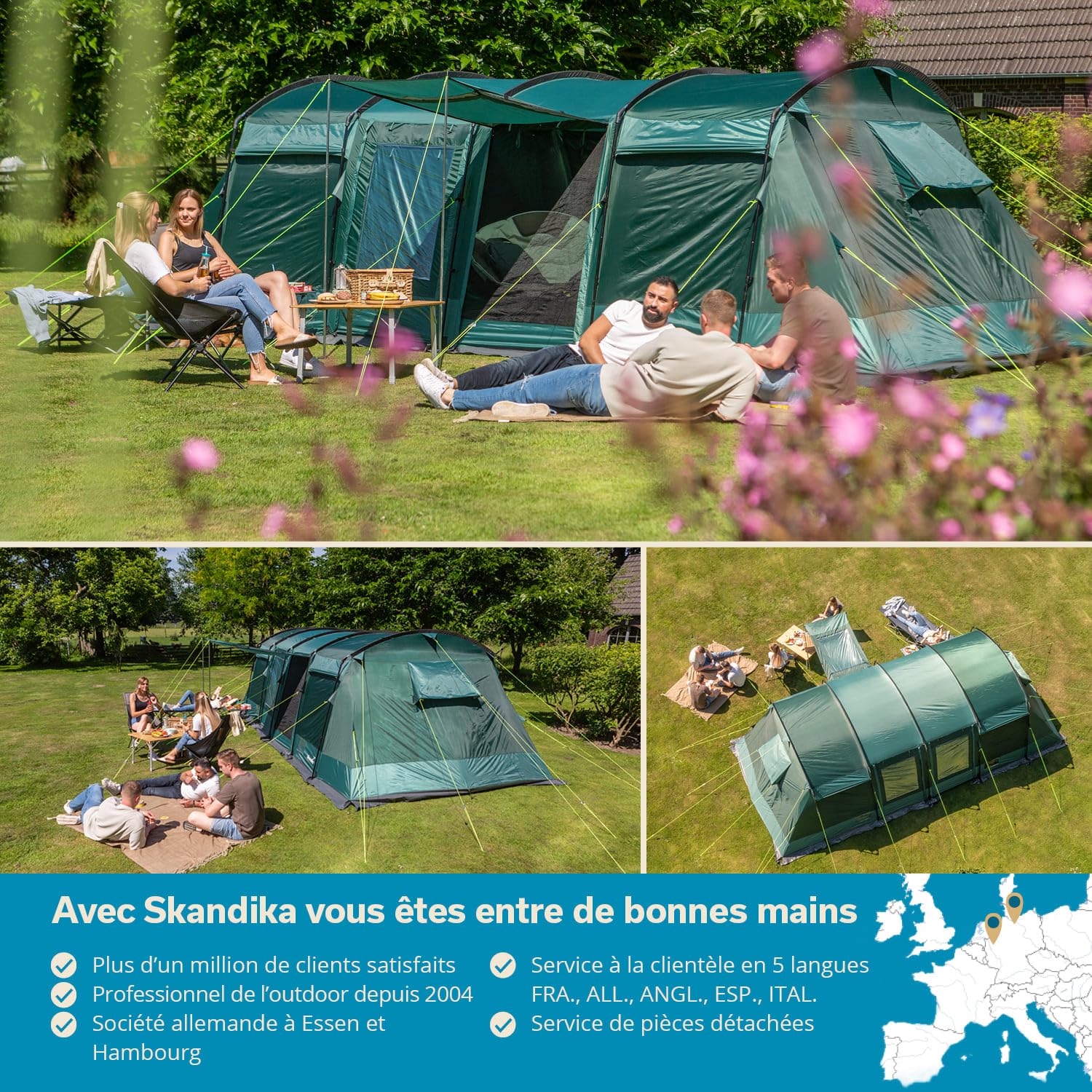 Skandika Tente Tunnel Montana 8 Personnes | Tente de Camping avec/sans Tapis de Sol Cousu, avec/sans Technologie Sleeper, 3-4 cabines de Couchage, Colonne d'eau 5000 mm