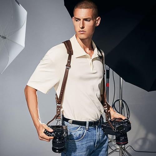 Miniatura 7 de Padwa Lifestyle Correa de arnés de doble cámara marrón para dos cámaras, arnés de cuero de grano completo de doble hombro, equipo de cámara doble