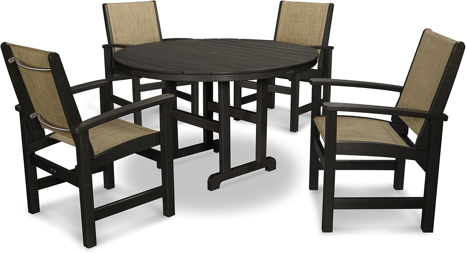 Polywood® Coastal 5-Piece Round Farmhouse Dining Set in Black/Burlap Sling