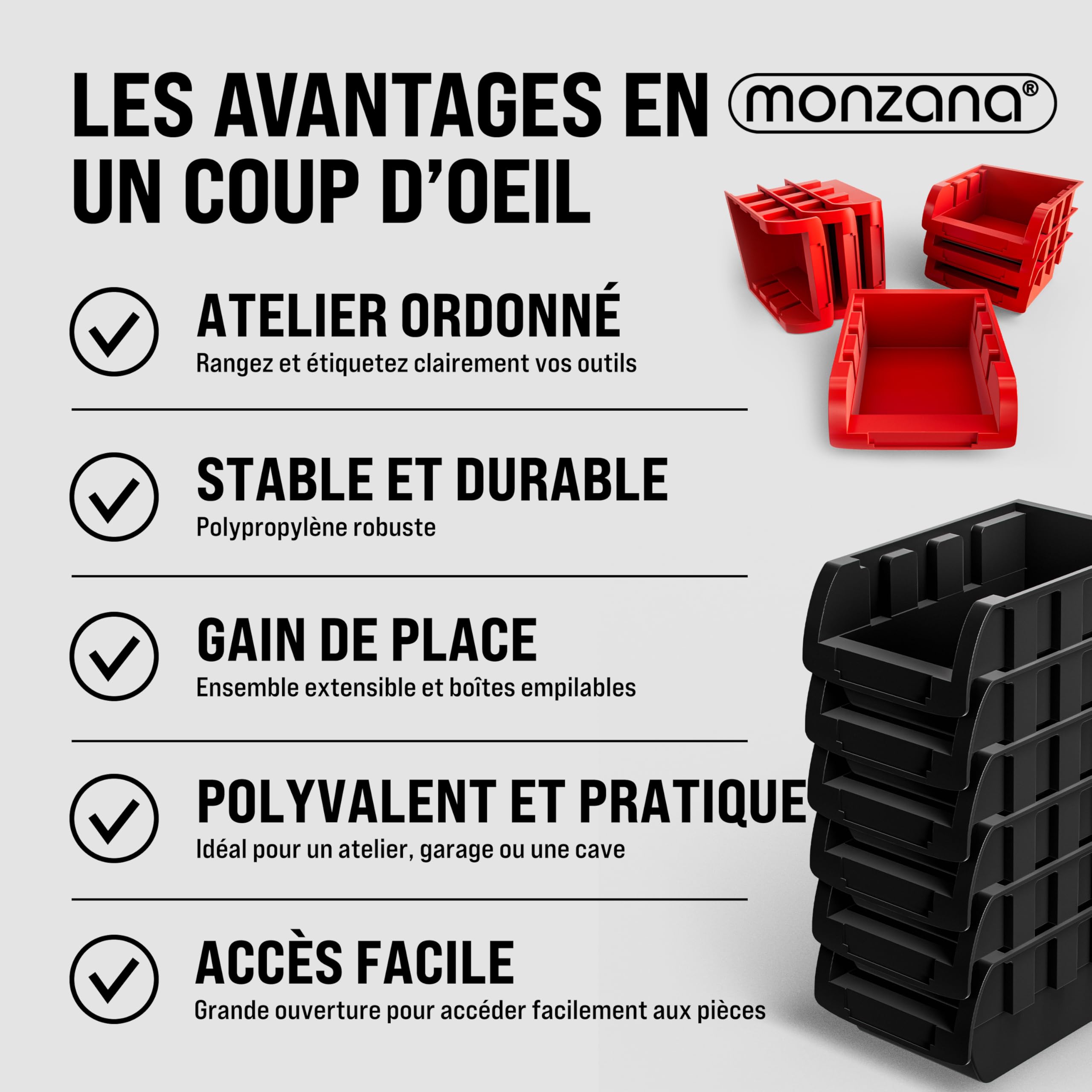 MONZANA® Etagere Murale Pour Atelier Et Garage, Etagere Rangement Modulable Avec 30 Boite Rangement Empilable, Panneaux Muraux En Polypropylène Robuste Pour Visserie Petites Pièces et outils
