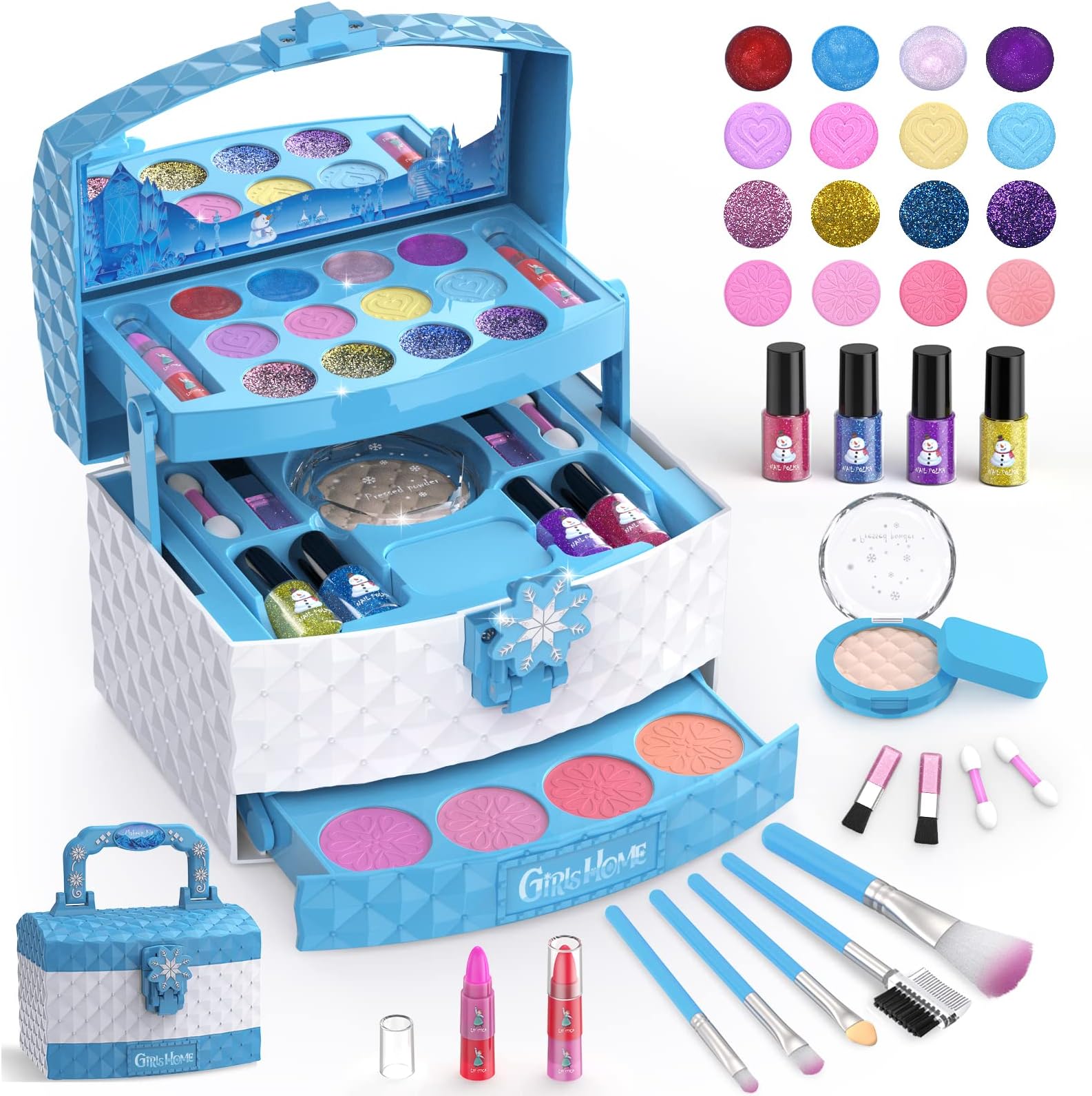 GirlsHomeKids Makeup Kit for Girl 35 Pcs Washable Toddler Makeup Kit, Girl Toys Real Cosmetic Makeup Set, Safe & Non-Toxic Frozen Makeup Set for 3-12 Year Old Kids Christmas & Birthday Gift (Blue)