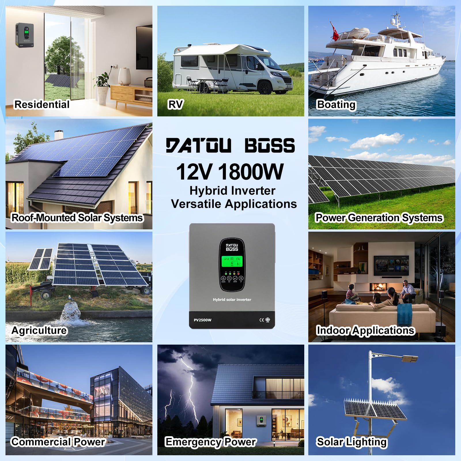 DATOUBOSS 1800W Inverter Ibrido Solare 12V, Onda Pura, potenza di ingresso fotovoltaica da 2500W,Supporta il Funzionamento Senza Batteria,100A MPPT,per Sistemi Off/On-Grid