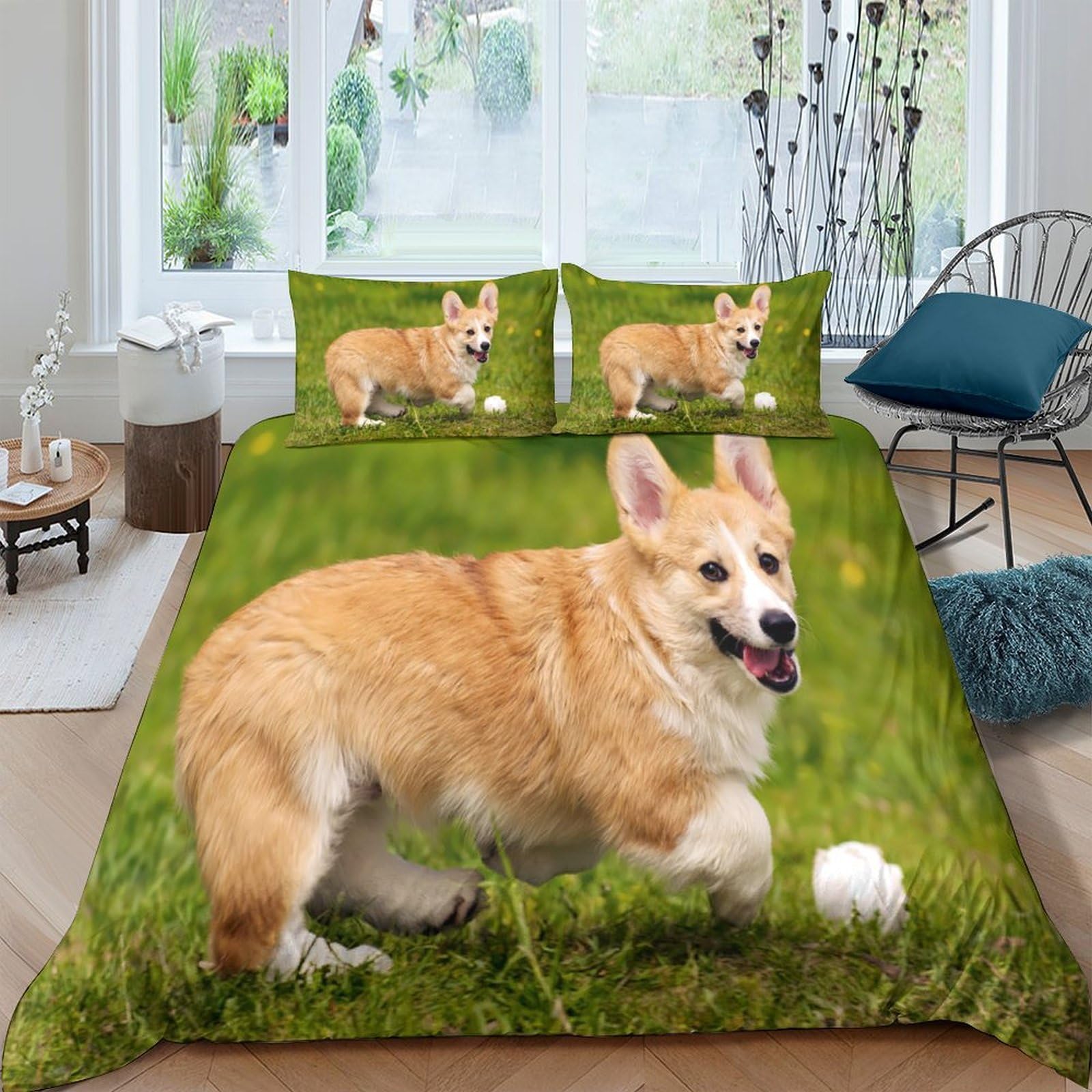 Ctjqhvkz Style-5 3D Printed Corgi Dog Fitted Sheet Microfiber Soft Breathable Grass Field Bed Cover For Bedroom Guest Room Decor Single（135X200cm）