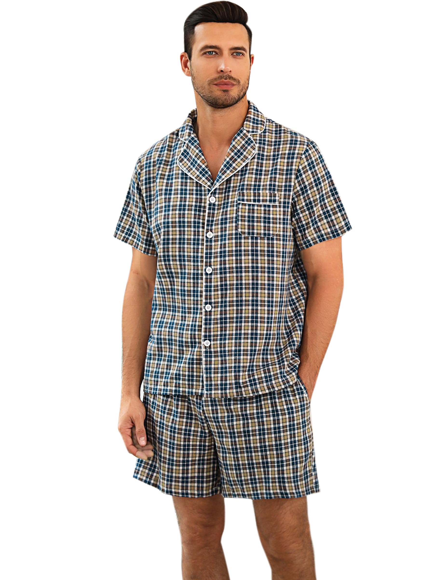 Męska piżama bawełniana krótka piżama lato krótki rękaw dwuczęściowa bielizna nocna Loungewear ze spodniami piżamowymi krótka S-XXL