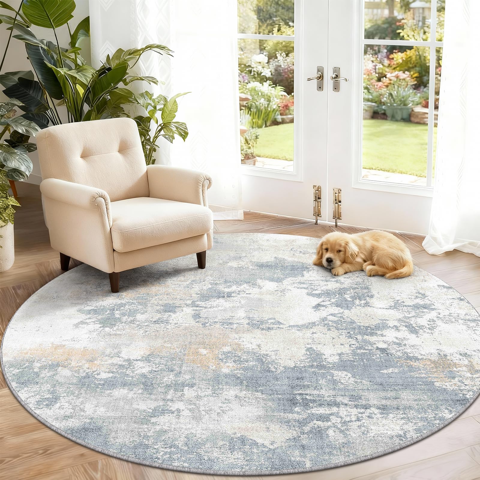 SOANNY Living Room Rug, Round 160 cm Modern Abstract Low Pile Area Carpet, Non-Slip Washable Mat for Bedroom, Hallway, Kitchen, Laundry, Entryway, Utility, Beside Sofa, Office, Blue Grey — image 1