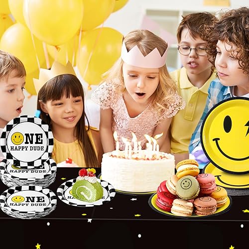 Miniatura 4 de One Happy Dude - Decoraciones de cumpleaños, platos de fiesta de cara sonriente amarilla, servilletas One Happy Dude Platos de papel desechables