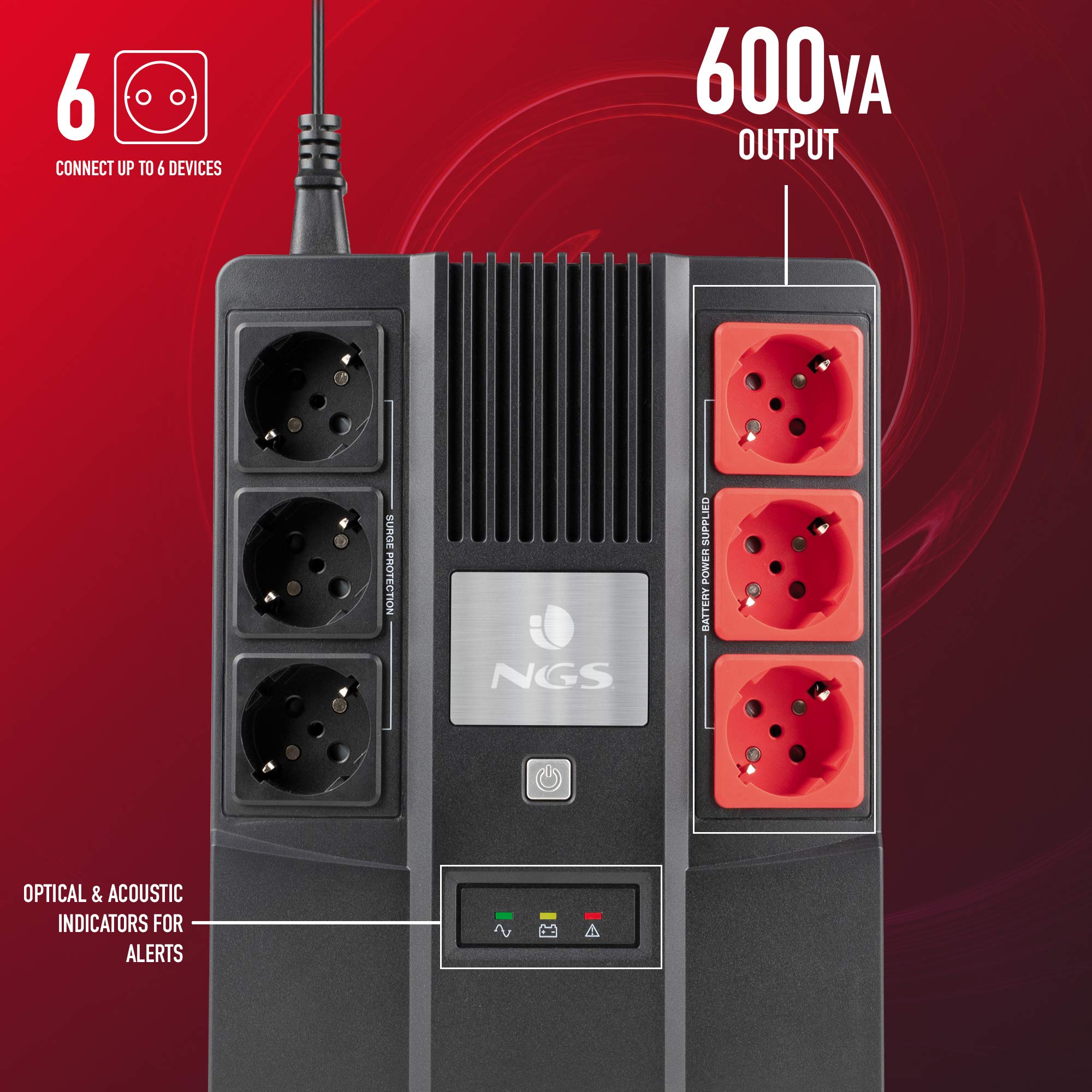 NGS FORTRESSBUNKER - Gruppo di Continuità SAI, Off Line UPS 600 VA 360W con Batteria Incorporata 12V/7Ah e 6 Prese Schuko con Protezione contro i Picchi di Tensione