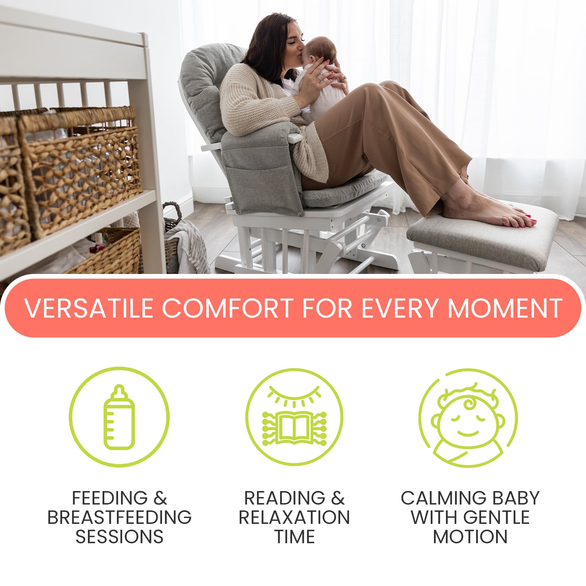 KUB Haywood Chaise d'allaitement inclinable avec Repose-Pieds – 7 Positions, Poches de Rangement, Sécurité certifiée