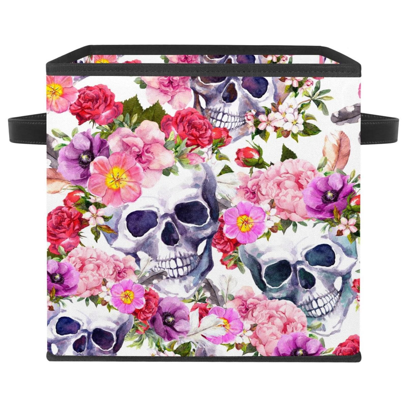 Boîte de rangement aquarelle sucre crâne rose florale en tissu