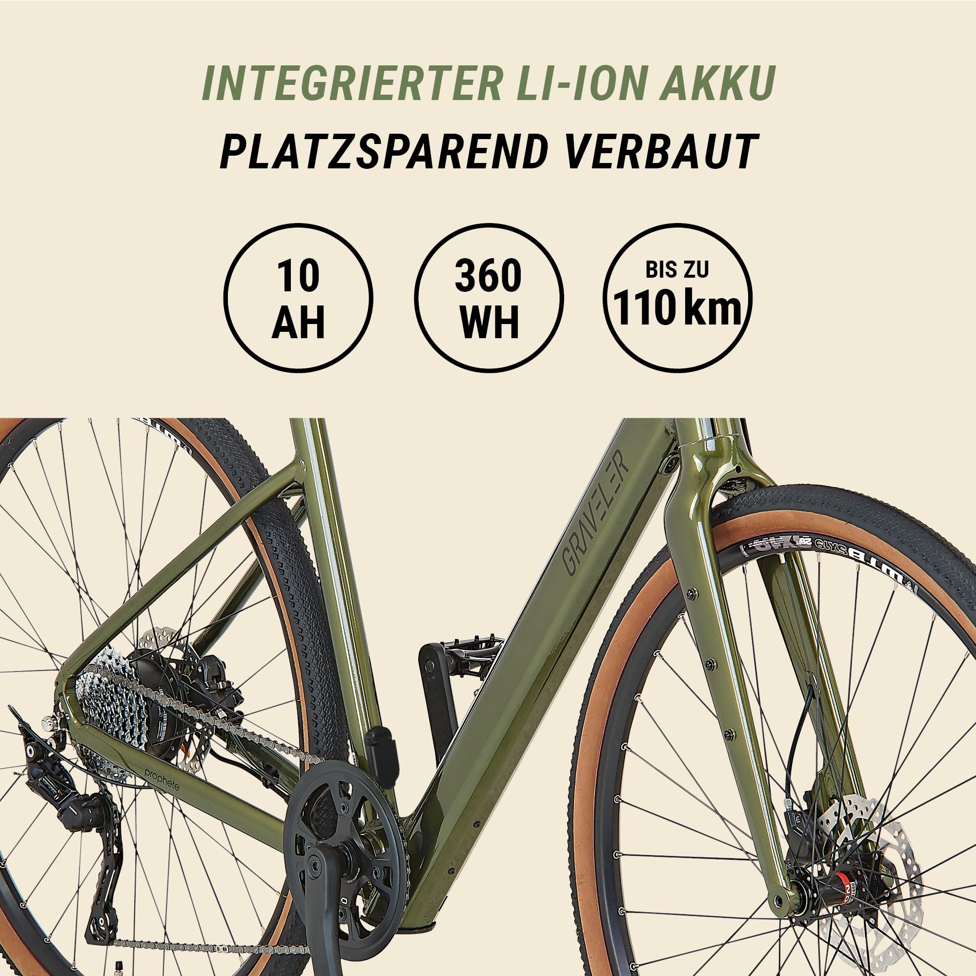 Prophete Graveler 1.0 Gravel E-Bike Diamant 28 Zoll - 360 Wh - Integrierter Akku - Heckmotor AEG - 10-Gang Kettenschaltung - HDY. Scheibenbremse - Rahemnhöhe 53 cm
