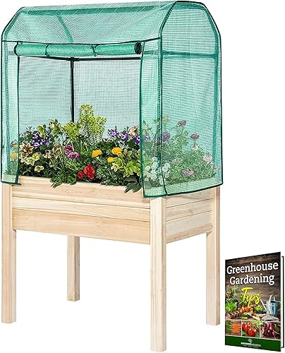 Cama elevada de madera para jardinería con cubierta de casa verde - 36 pulgadas de largo x 24 pulgadas de ancho x 66 pulgadas de alto - Backyard