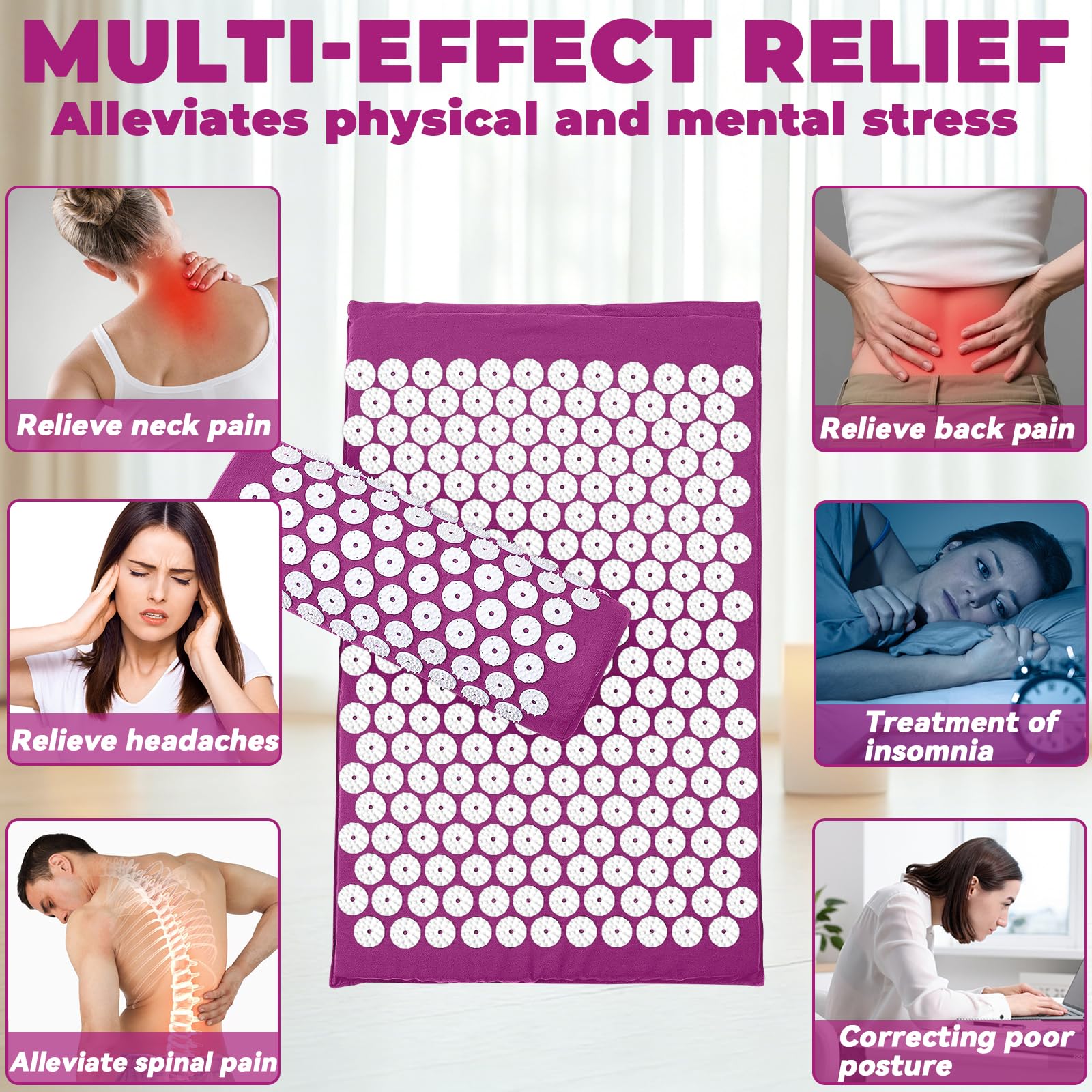 Cojín de Acupresión con Almohada, Almohadilla de Acupresión Mat de Masaje de Acupresión para Alivio del Dolor, Relajación Muscular, Meditación, Estimulación(Púrpura)