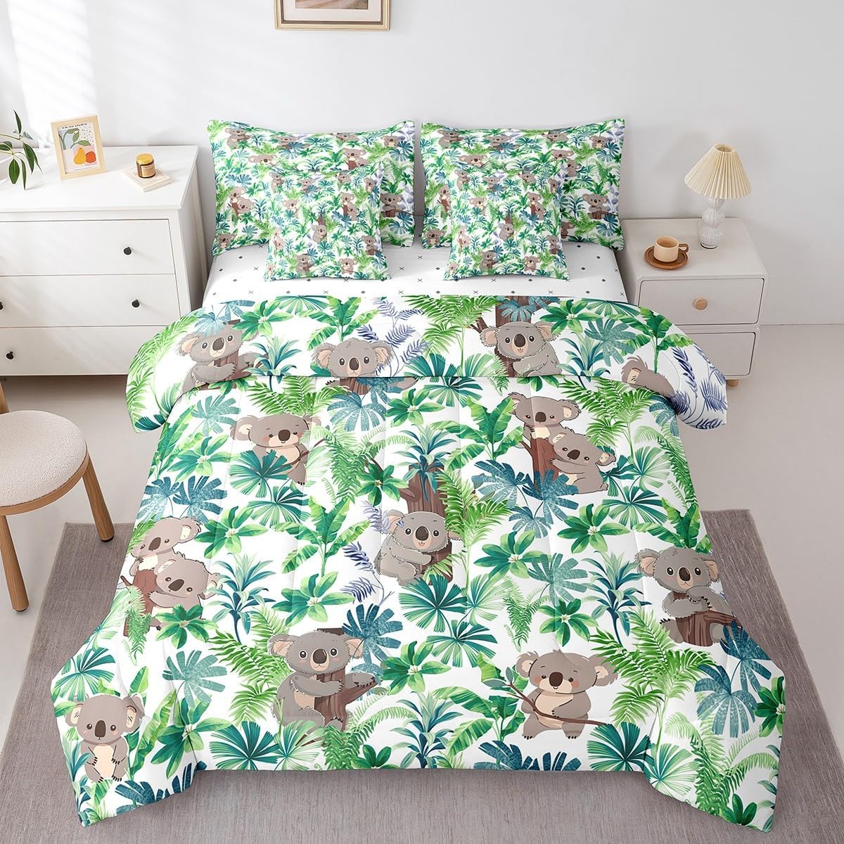 Feelyou Toddler Koala Full Comforter Set with Sheets Cute Koala Bed in a Bag with Comforter, Sheets, Pillowcases & Cushion Cover Tropical Leaves 7 Pieces Bedding Set Kawaii Wild Animals Bed Set