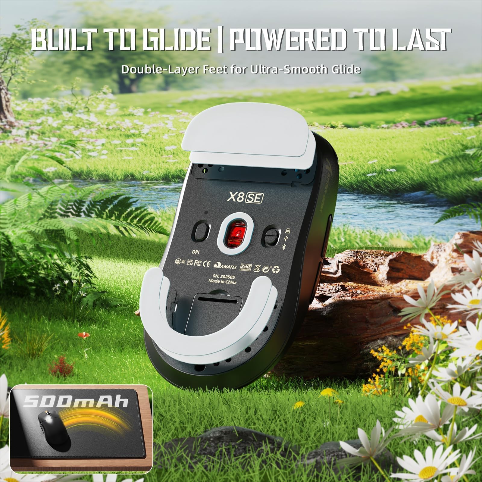 ATTACK SHARK X8 SE Ratón Gaming Inalámbrico, Peso Ligero 55g, Sensor PAW3311, Chip BK52820, 25,000 dpi, BT/2.4G/USB-C, 80 Millones de Clics, Batería 500mAh, Driver Web para PC/Mac– Negro