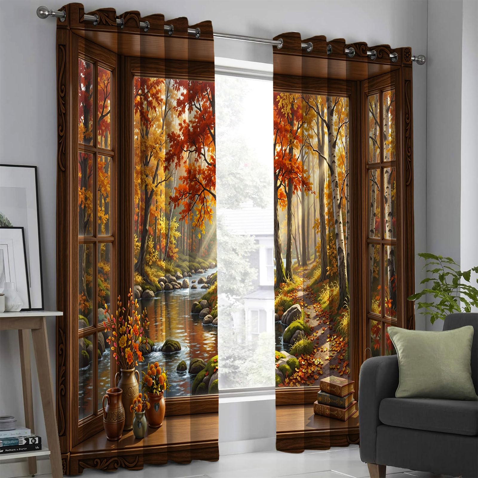 Rideaux occultants 140x240 rideau thermique isolant anti froid salon cuisine forêt d'automne