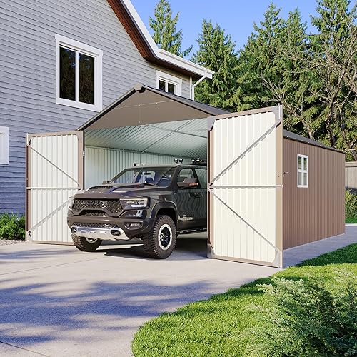 Aoxun 12'x20' Carport Shed Outdoor Metal Storage Sheds with Lockable Door & Sloping Roof- Ideal for Tools, Garden Equipment & Bikes, Perfect for Patio Placement(Brown)