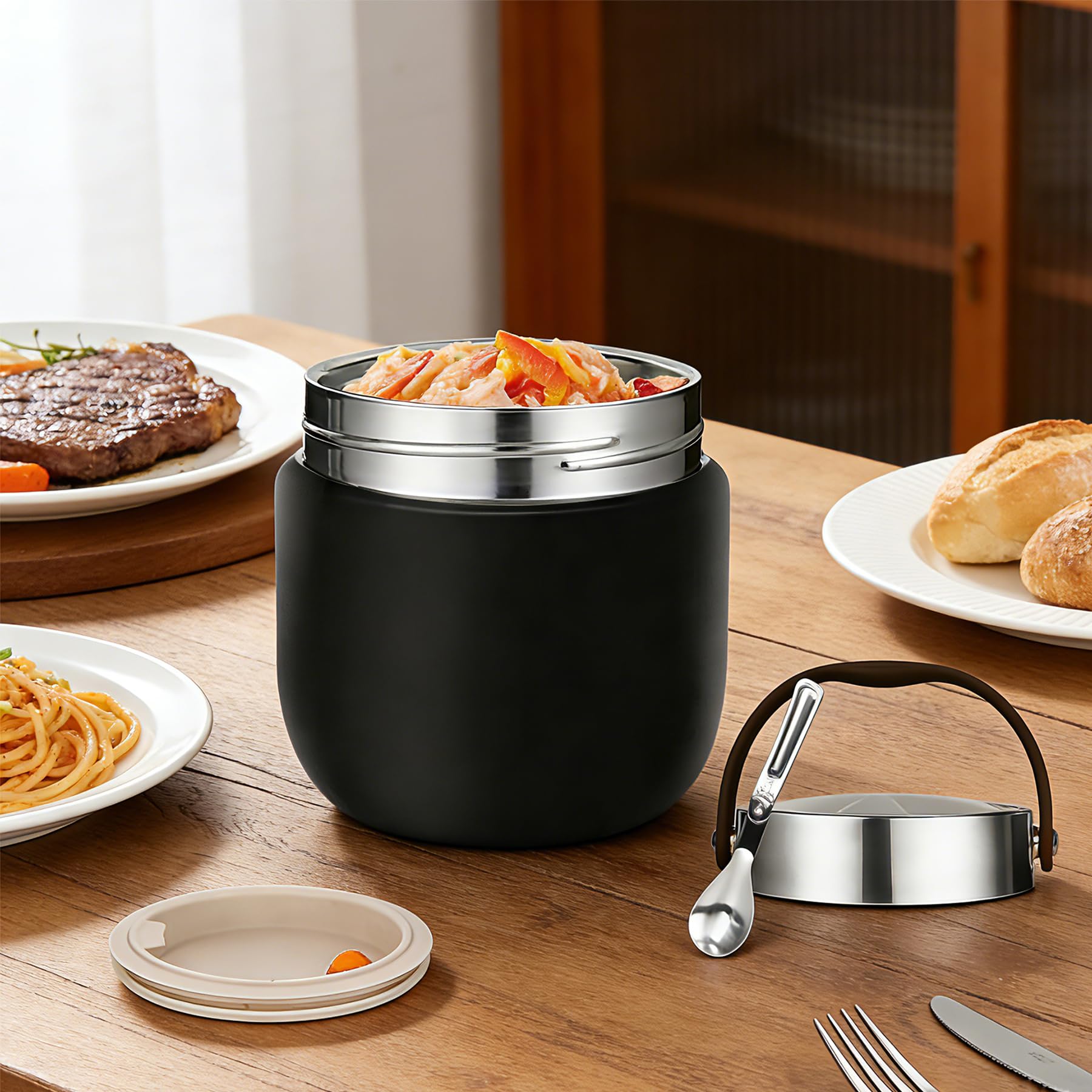 Portapranzo Termico per Alimenti 1200ml Contenitore Termico per Alimenti Caldi con Cucchiaio Pieghevole per Conservare Porridge,Zuppa,Frutta,Yogurt e Pranzi Nero