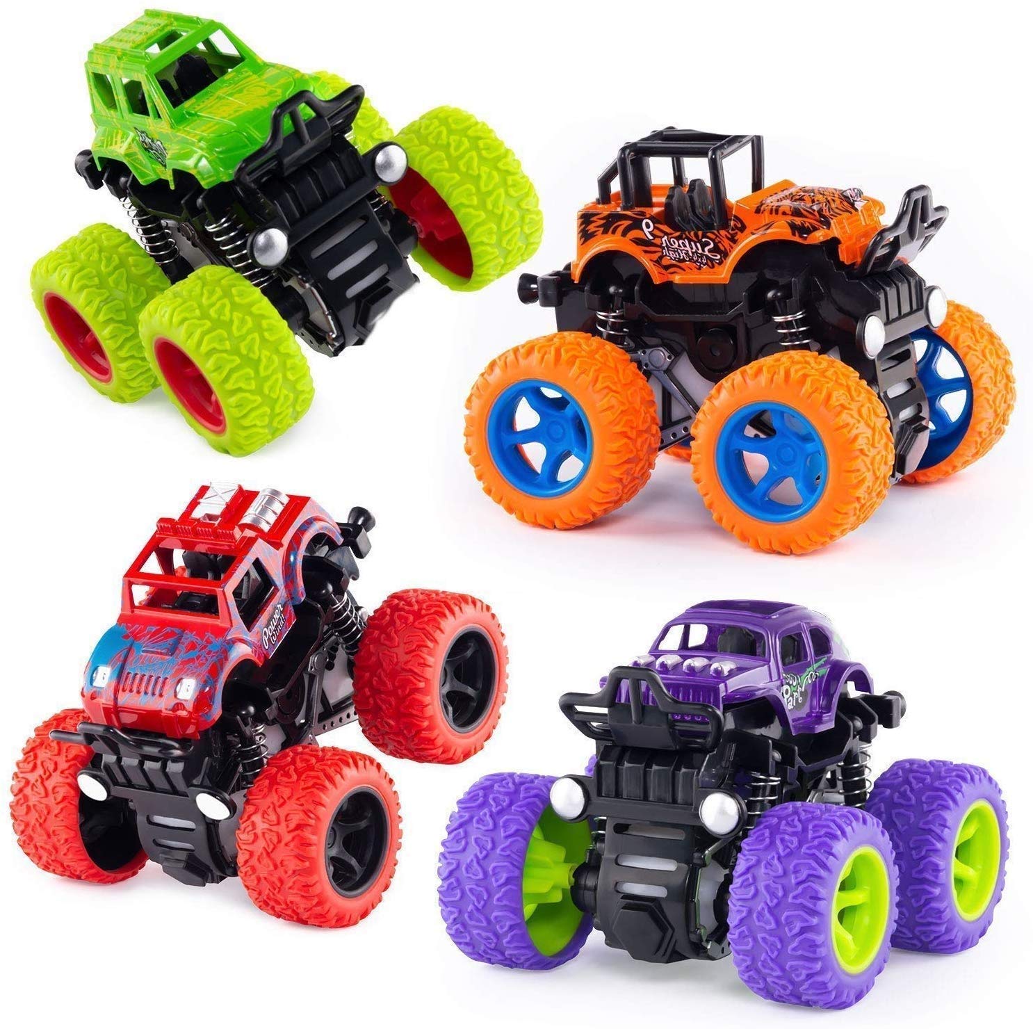 SPIN CART Push and Go Car Pull Back Monster Truck,Friction Powered Cars 360 Degree Stunt Car for Kids and Boys (Pack of 4)