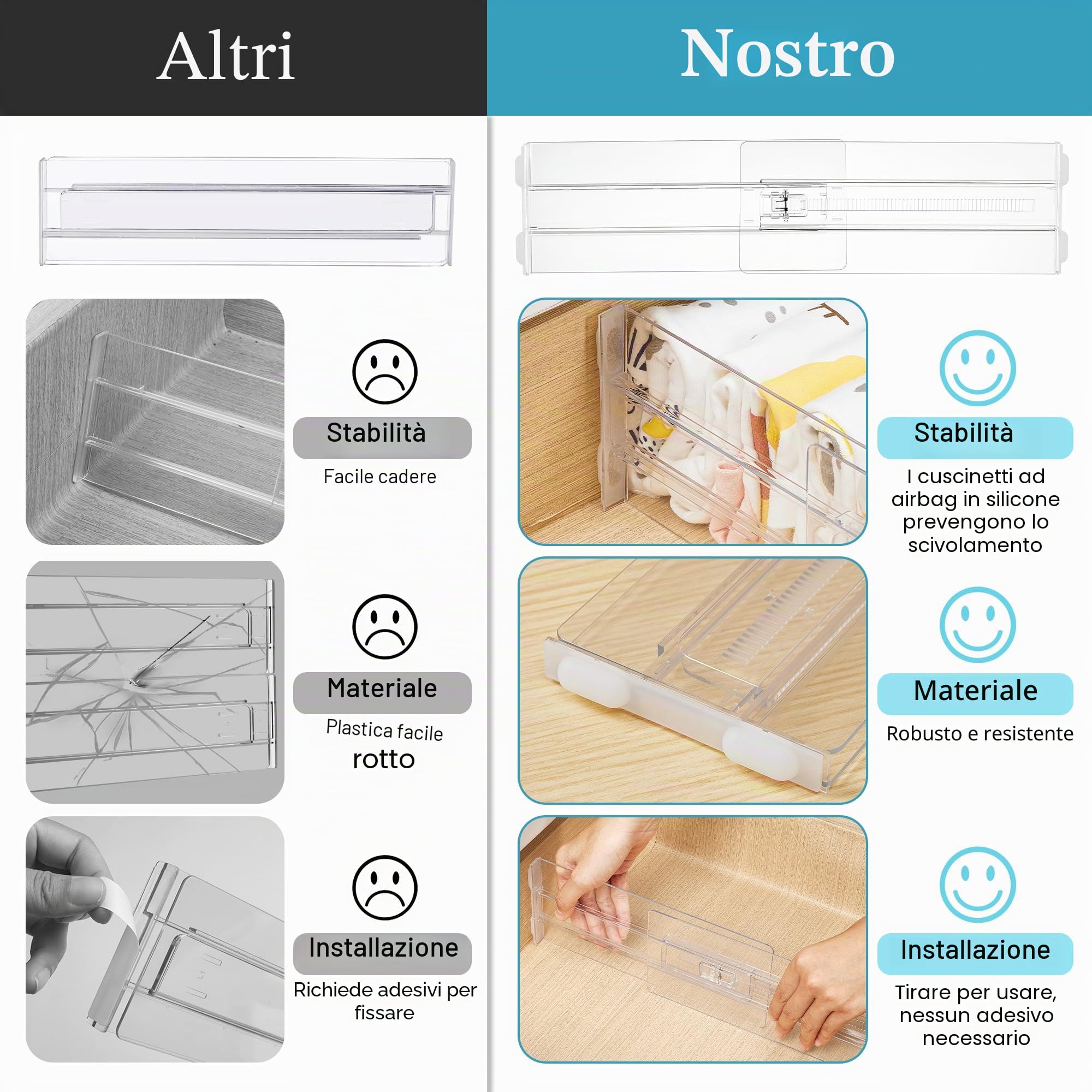 Vtopmart Confezione da 12 divisori per cassetti per vestiti, regolabili in altezza 10,2 cm, espandibili da 26,9 a 43,2 cm, separatori per cassetti in plastica trasparente per vestiti per bambini,