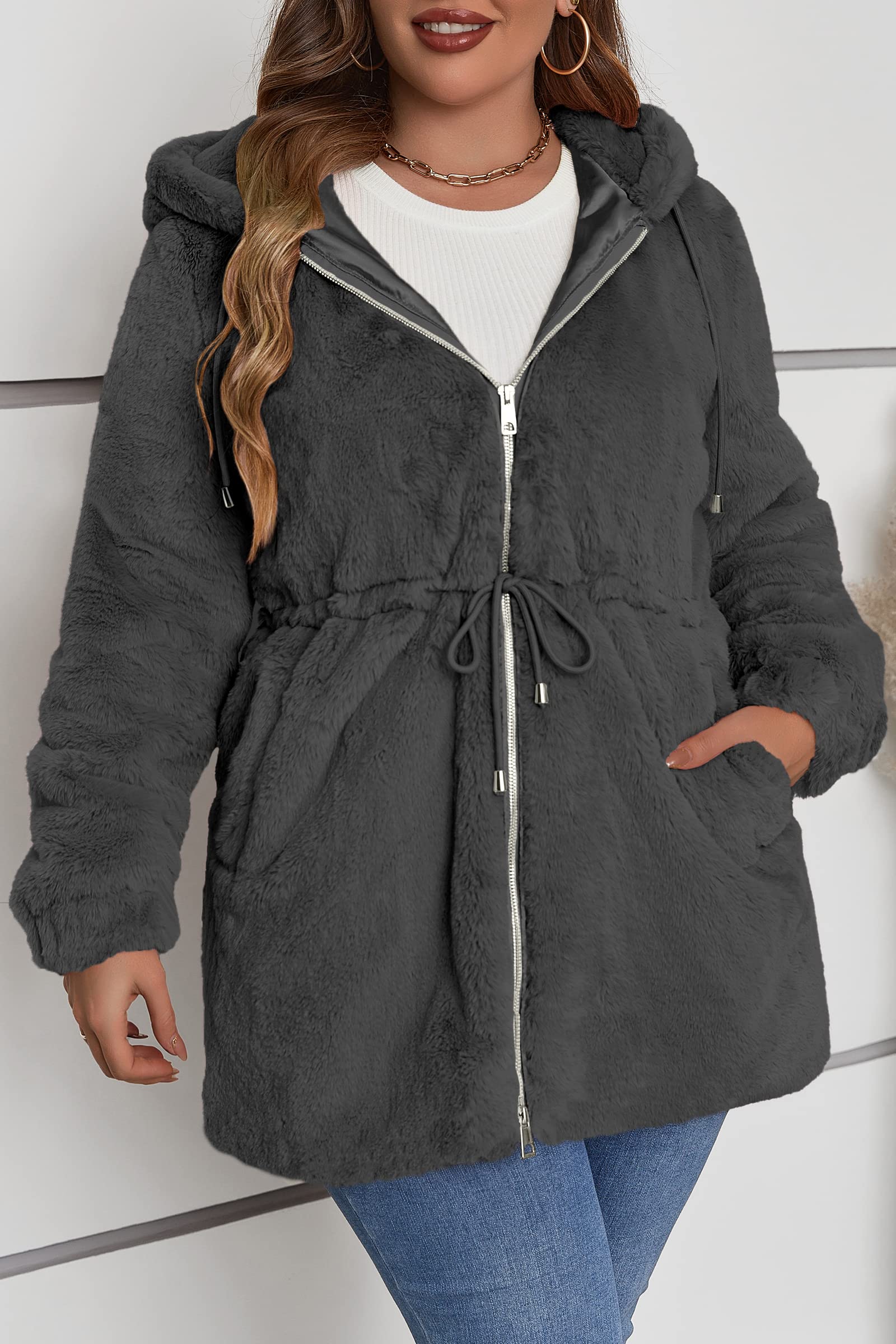 Geschallino Taglie Forti Cappotto da Donna in Pelliccia Sintetica Lungo con Cappuccio Giacca Sherpa Giacca Invernale (XL-5XL)