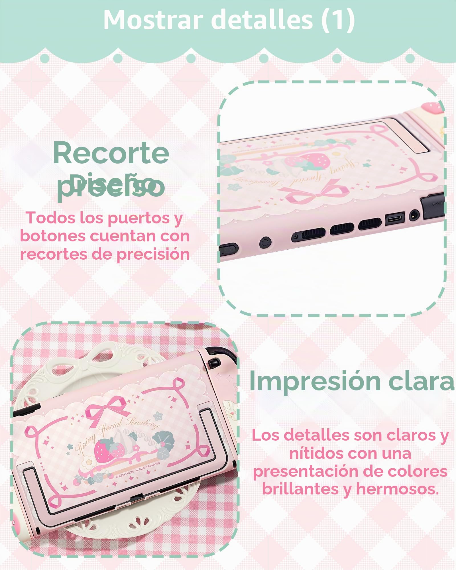 GeekShare Funda protectora de silicona suave compatible con Switch 2, antiarañazos, compatible con Switch 2, carcasa protectora separable con 2 tapas de agarre para el pulgar, fresas con crema (rosa)