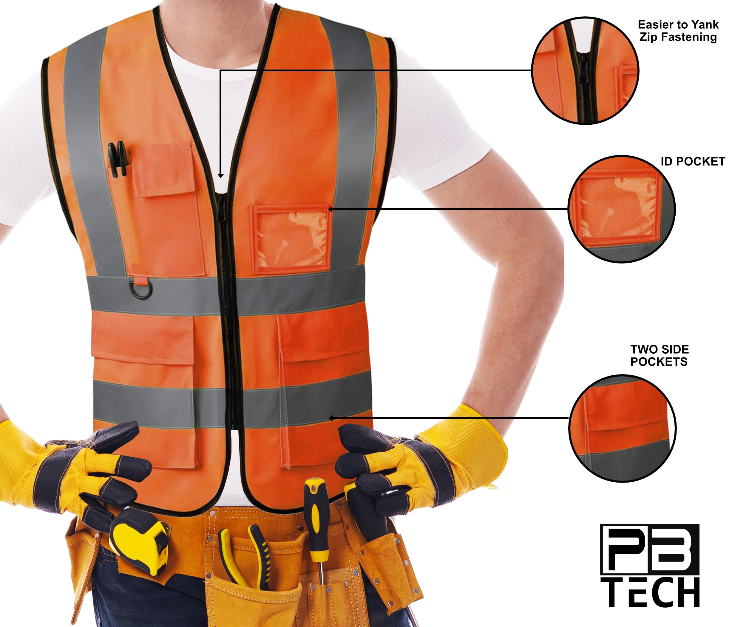 PB TECH Hi Vis Zipper Front High Visibility Reflective Vest Hi Vis Executive Jacket Vest Waistcoat ID & Multiple Pockets (Orange, XL) - Image 3