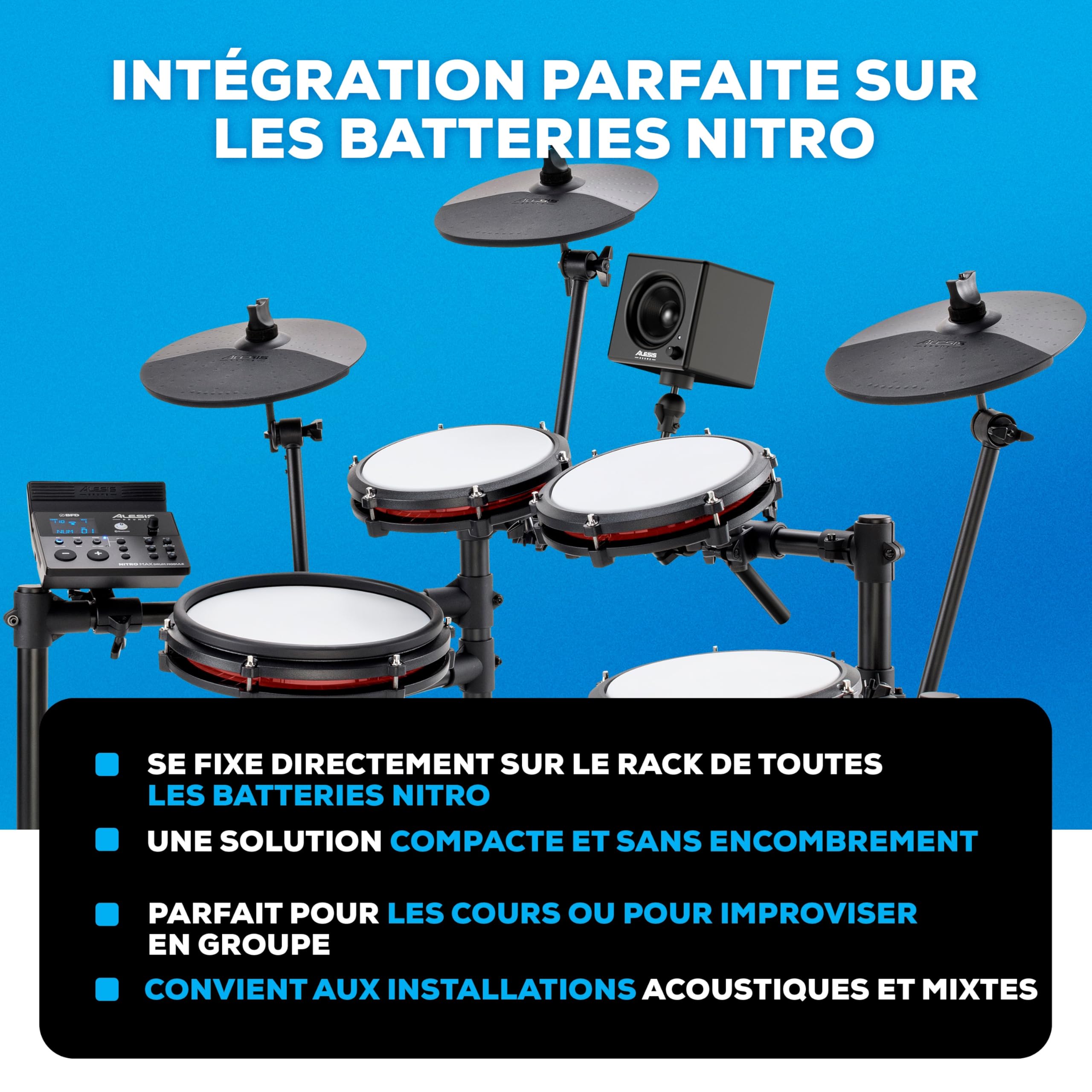 Alesis Nitro Amp - Haut-Parleur de Batterie Électronique 3" Actif 70 W Compact pour l'entraînement et Les Leçons, montable sur Rack avec Les Pinces incluses