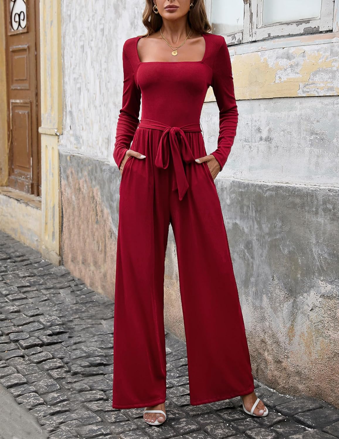 Womens Jumpsuit Dressy Square Neck Long Sleeve Belted High Waist Wide Leg Romper with Pockets One Piece Casual Outfits Wine Red S - Image 5