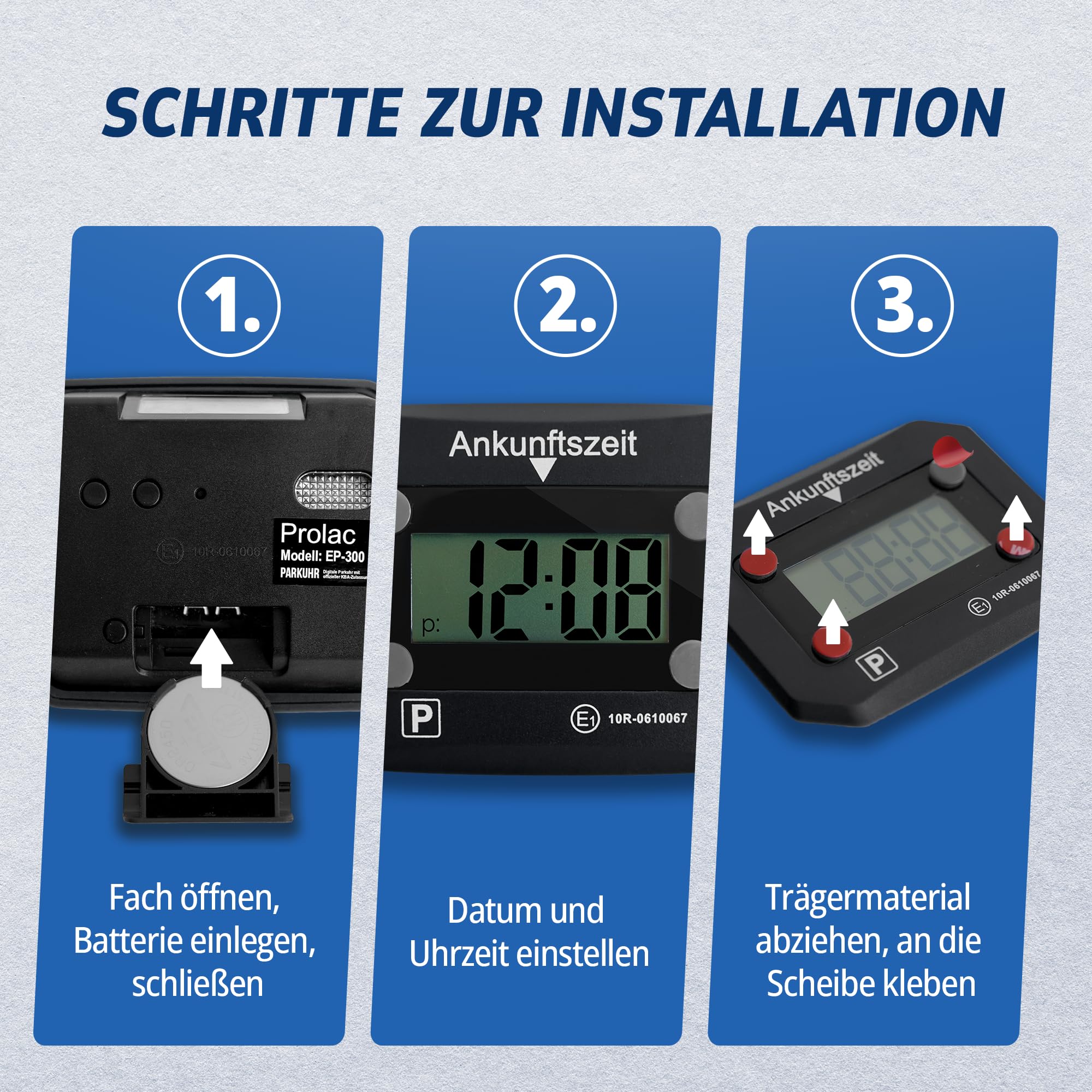 PROlac Elektronische Parkscheibe mit offizieller KBA Zulassung – Intelligente Parkscheibe elektrisch mit Zulassung – Digitale Parkscheibe Auto mit Nachtmodus und Taktungseinstellung (Schwarz)