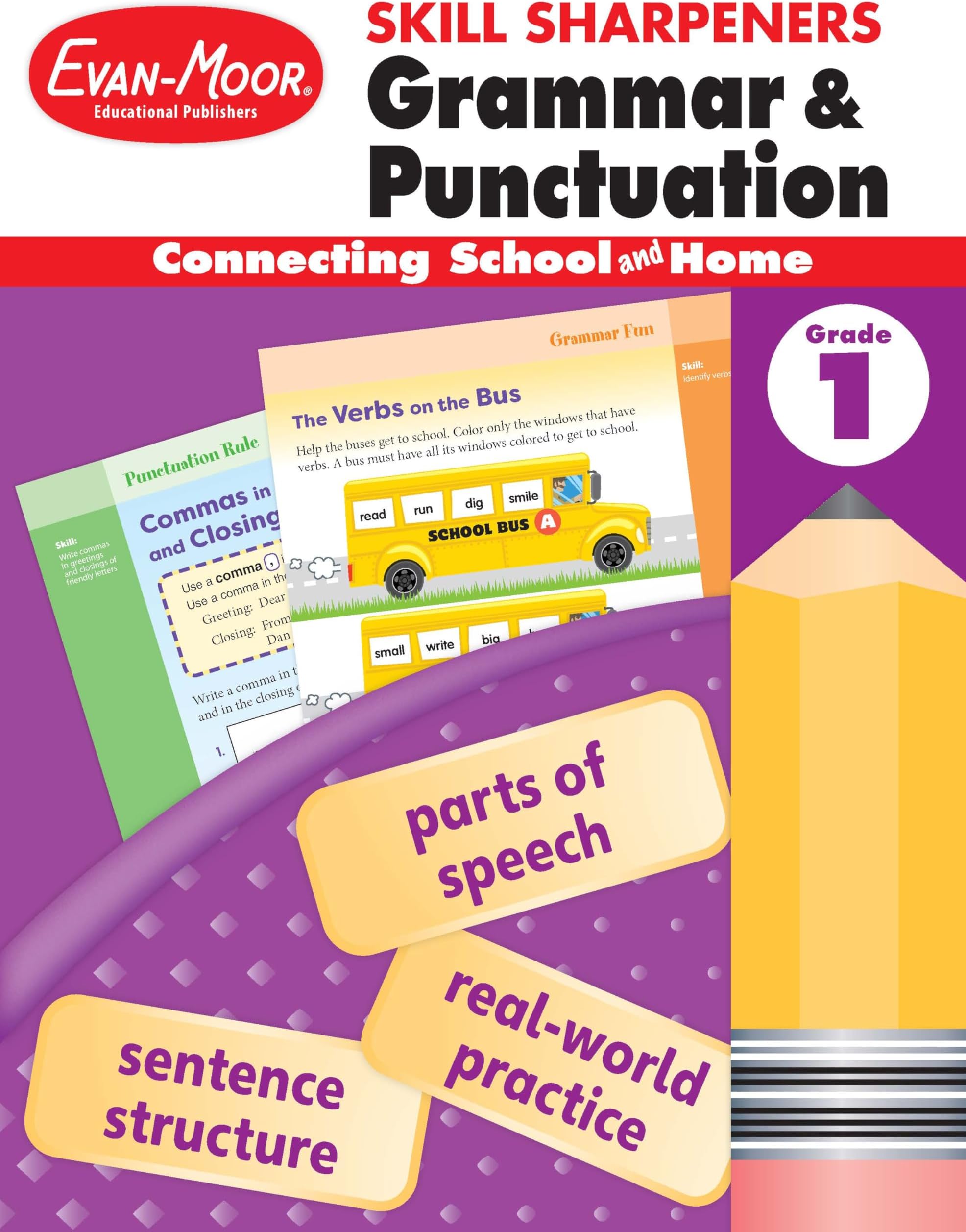 Evan-Moor Skill Sharpeners Grammar and Punctuation Workbook, Grade 1, Nouns, Verbs, Sentence Structure, Subject, Predicate, Language Handbook, Real-World Practice, Fun Activities, Homeschool, Practice