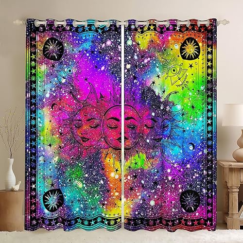 Erosebridal Cortinas y cortinas de sol y luna psicodélicas de galaxia mística, cortinas opacas coloridas de cielo estrellado de 52 pulgadas de ancho