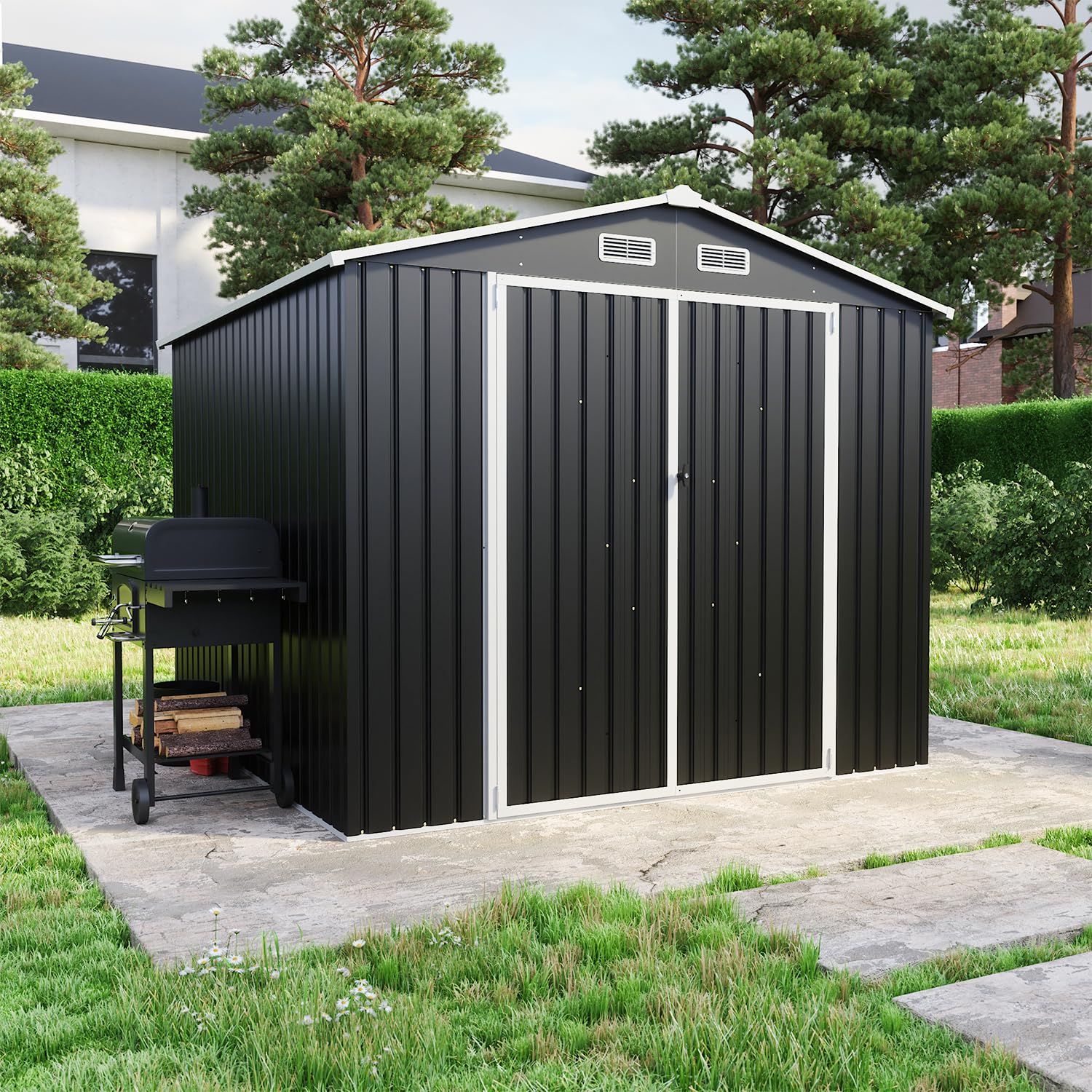 Casetta Da Giardino In Acciaio Zincato 2,56x2,56xh2,16m, 6,55mq, Deposito Attrezzi con Tetto Spiovente, Porta Battente (Nero)