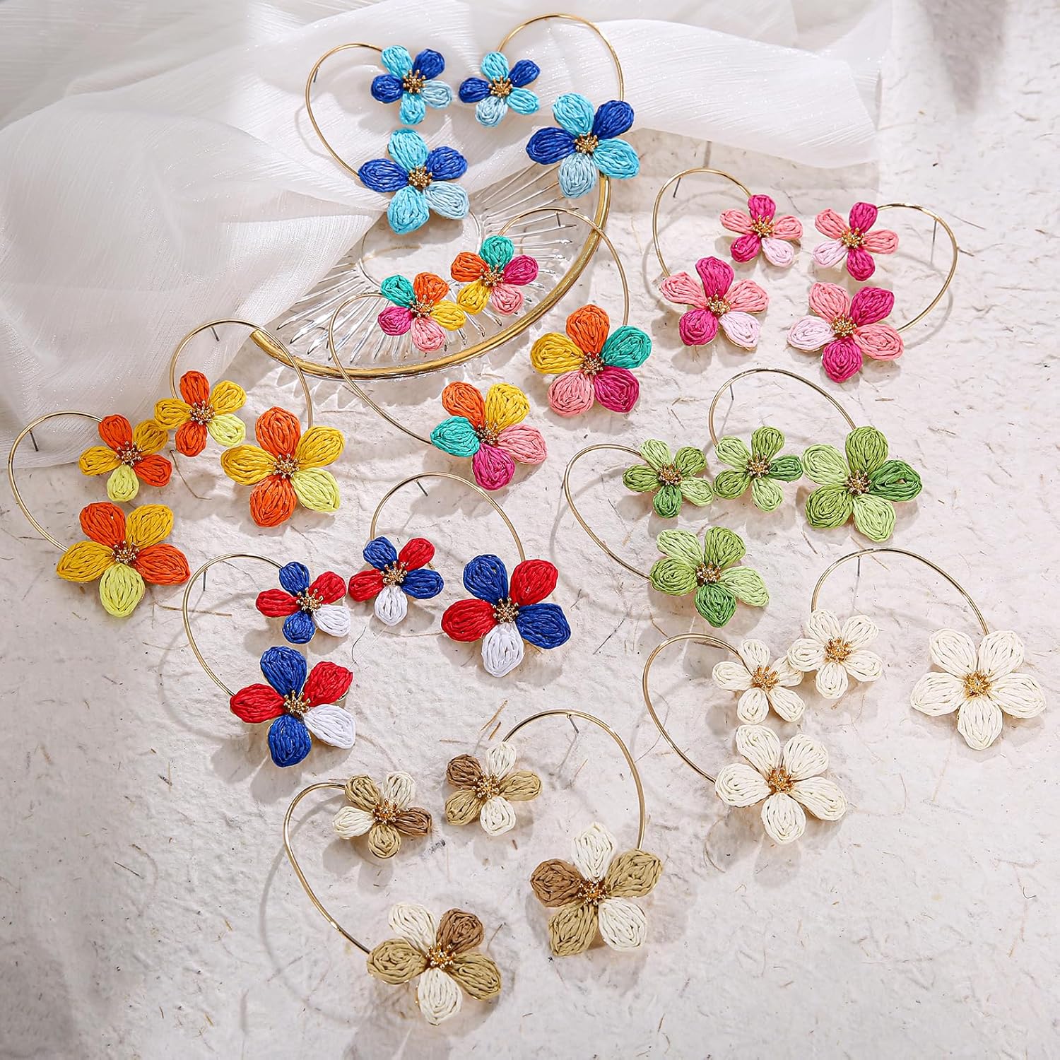 Raffia Flower Earrings for Women, Colorful Dangle Tropical Boho Beach Earrings, Lightweight Straw Handmade Jewelry for Vacation - Image 6