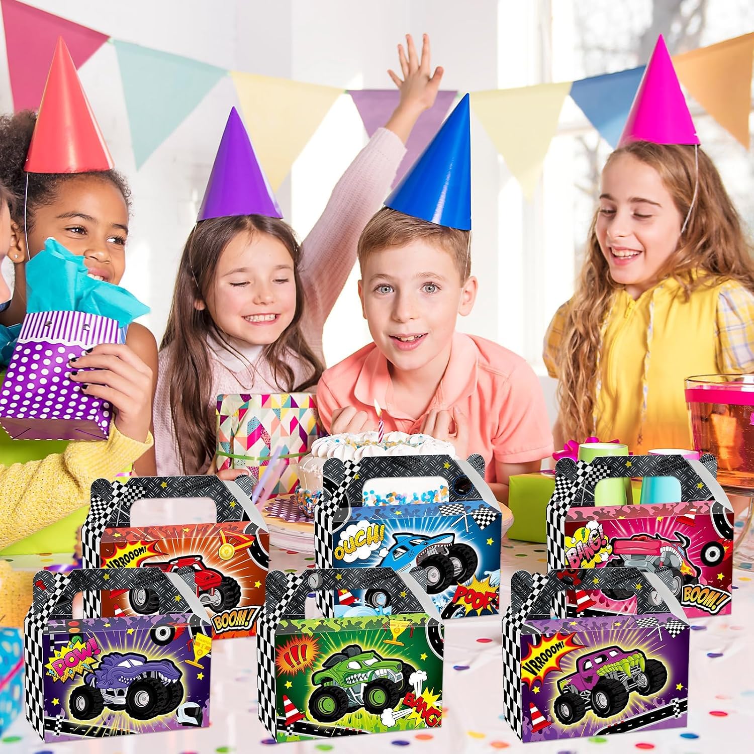 CHUNNIN 12Pcs Monster Truck Treat Boxes Racing Car Birthday Party Decorations Trucks Theme Paper Gift Box Supplies Goodie Bags for Kids Boys Girls Birthday Baby Shower Decor Race Cars Favors 6x3x3.6 image 5