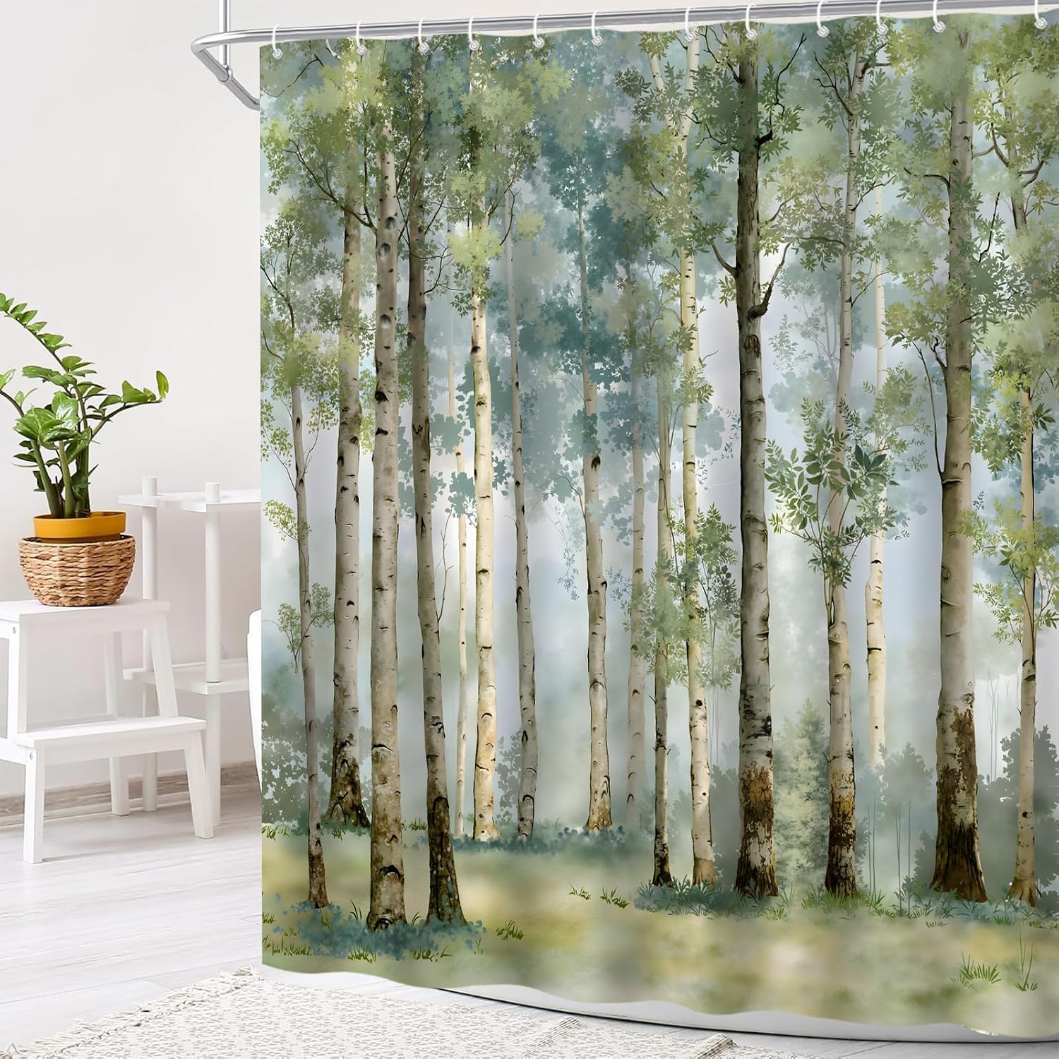 Green Birch Tree Shower Curtain, 70x70 Inch