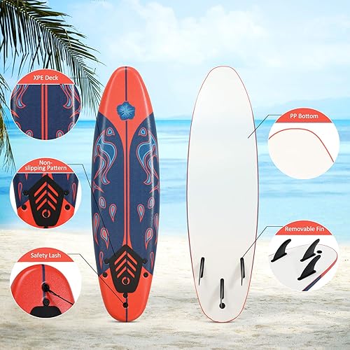 Miniatura 10 de GYMAX Tabla de surf, tabla de cuerpo de 6 pies con aletas extraíbles y correa protectora, tabla de surf antideslizante para surf, pesca, agua y yoga