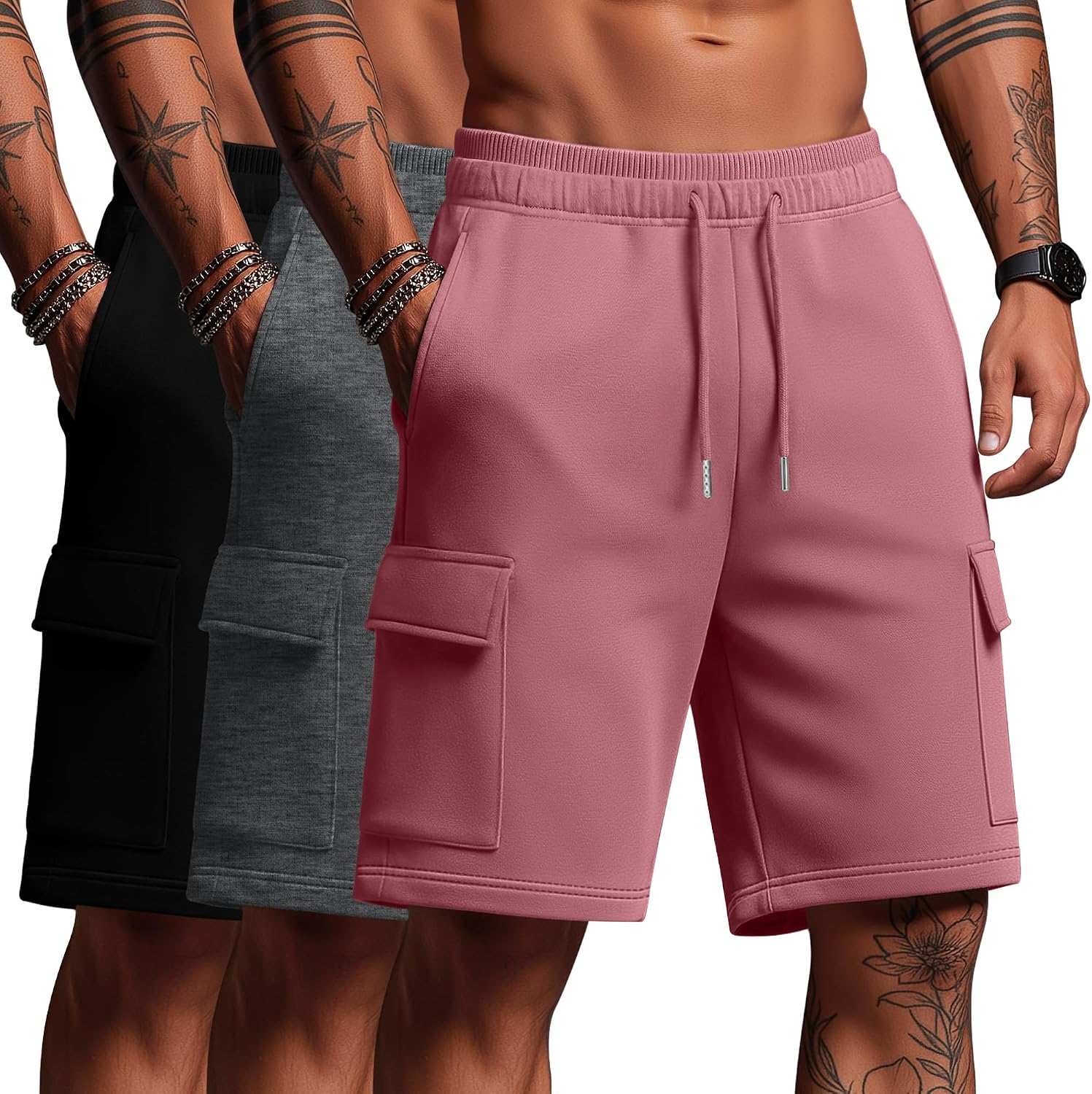 3 Pack Mens Cargo Shorts Summer Athletic 9" Sweat Shorts Drawstring Elastic Waist Bermuda Pants with 4 Pockets
