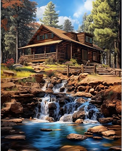 Cabin by the Stream - Pintura por números, pintura natural sobre lienzo, pintura con pinceles, pinturas acrílicas, perfecta para pintar por números