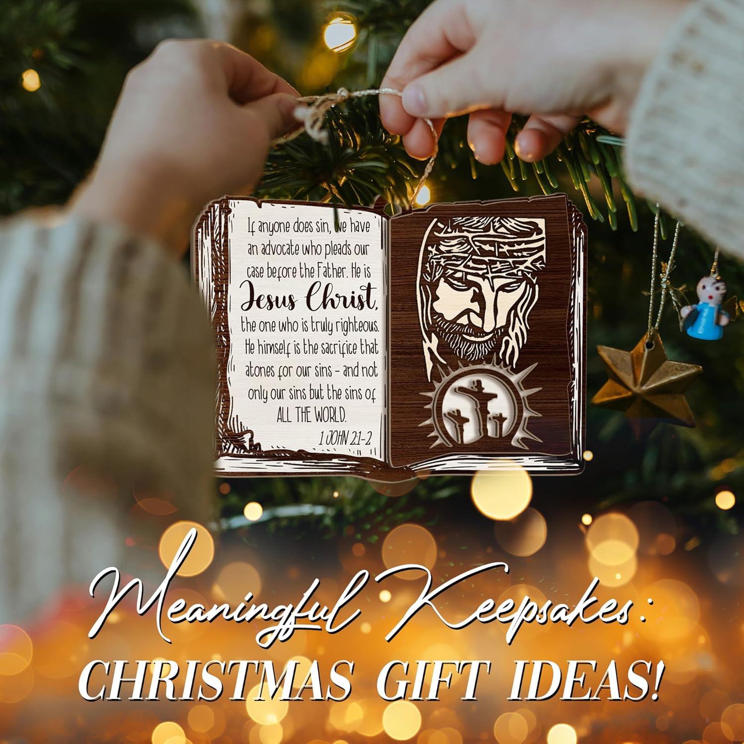 Bible Verse & Jesus Book Wooden Ornament – Christian Christmas Tree Decoration with Jesus Christ & 1 John 2:1-2 Scripture – Religious Faith Ornament & Inspirational Gift - Image 7