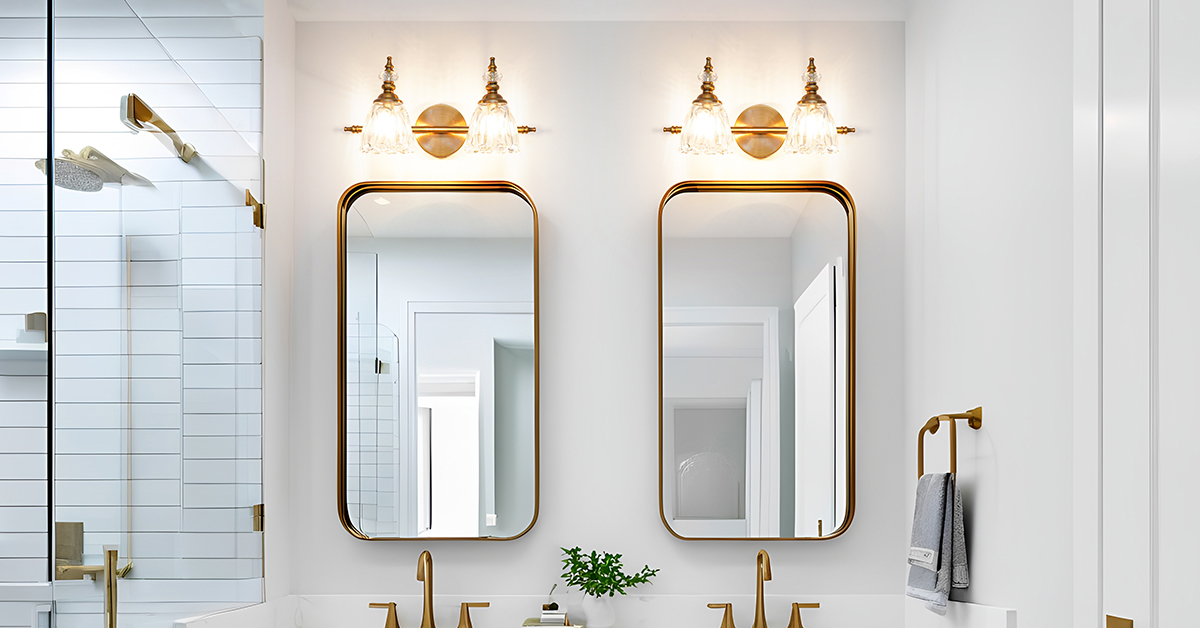 Image of Brass Vanity Light, Vintage Brushed Gold Bathroom Light Fixtures, 2 Light Bathroom Vanity Lights, Flower Glass Shade Wall Sconce Lighting